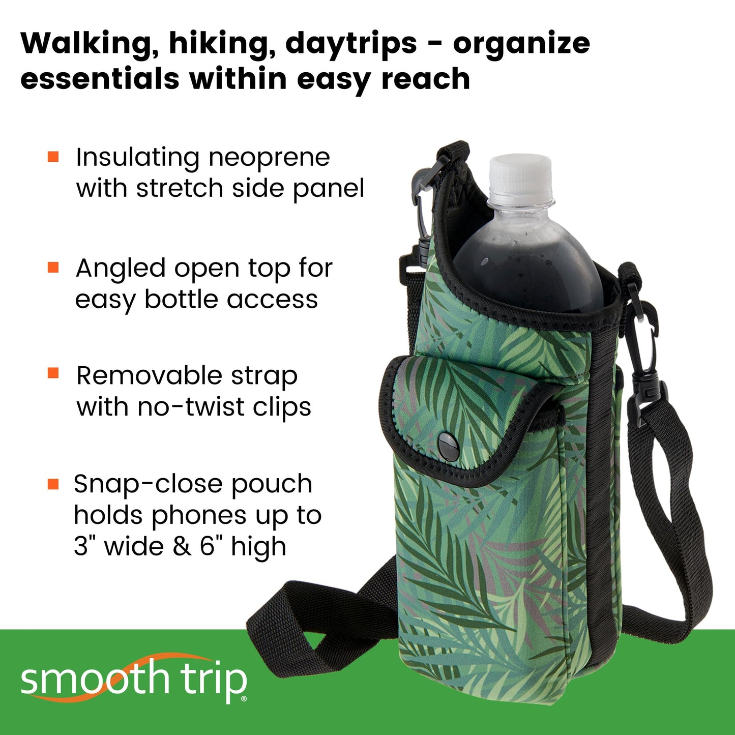 Smooth Trip AquaPockets Water Bottle Holder and Insulating Neoprene Water Bottle Sling Bag with Phone Pouch and Adjustable Strap for Walking and Hiking - Fits up to 32 oz. Bottles