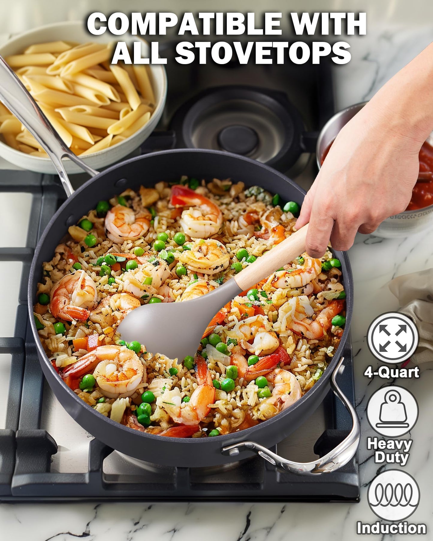 Cooks Standard 4-QT Nonstick Deep Sauté Pan with Lid, 10.5-inch Deep Frying Pan Hard Anodized Ceramic Nonstick Induction Cookware, Oven Safe Large Skillet Jumbo Cooker Sartén, Helper Handle, Black