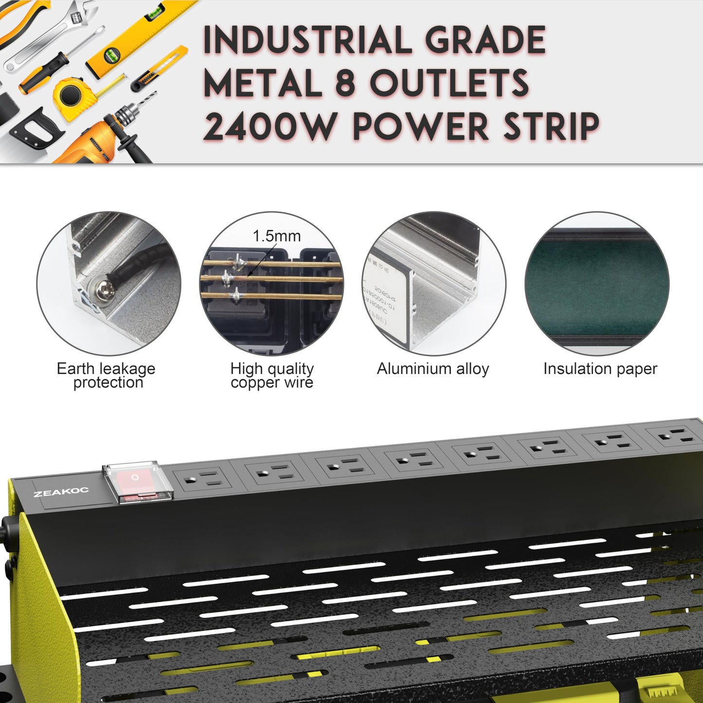 ZEAKOC Power Tool Organizer with Charging Station, 4 Layers Drill Holder Wall Mount,Metal Garage Rack with 10A Power Strip,Tool Shelves with Hooks,Drill Bit Storage, for Men Dad (Green&Black)