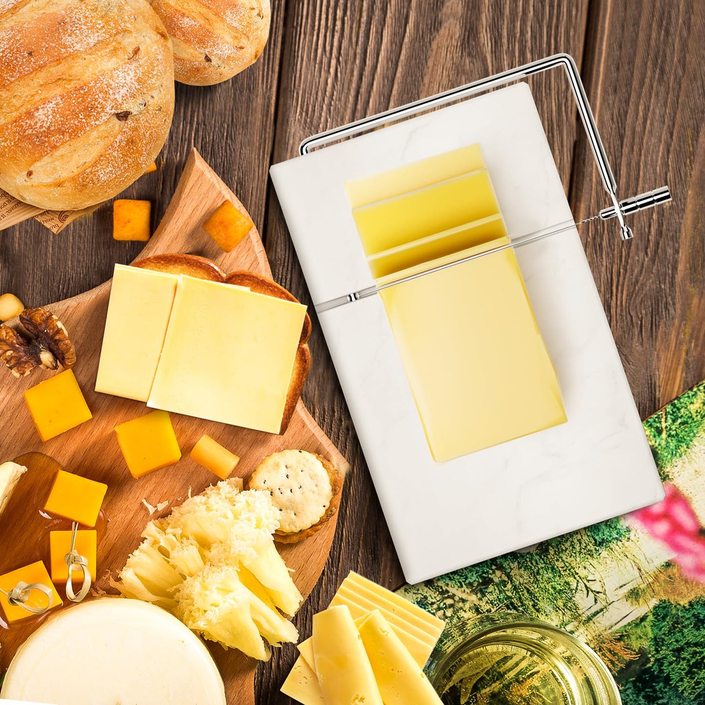 TOPULORS Cheese Slicer with 5 Replacement Upgrade Thick Cutting Wires - Heavy Duty 5"x8" Handheld Marble Board Cutter for Block Cheese, Butter - Kitchen Gadget Slicers Tool - White