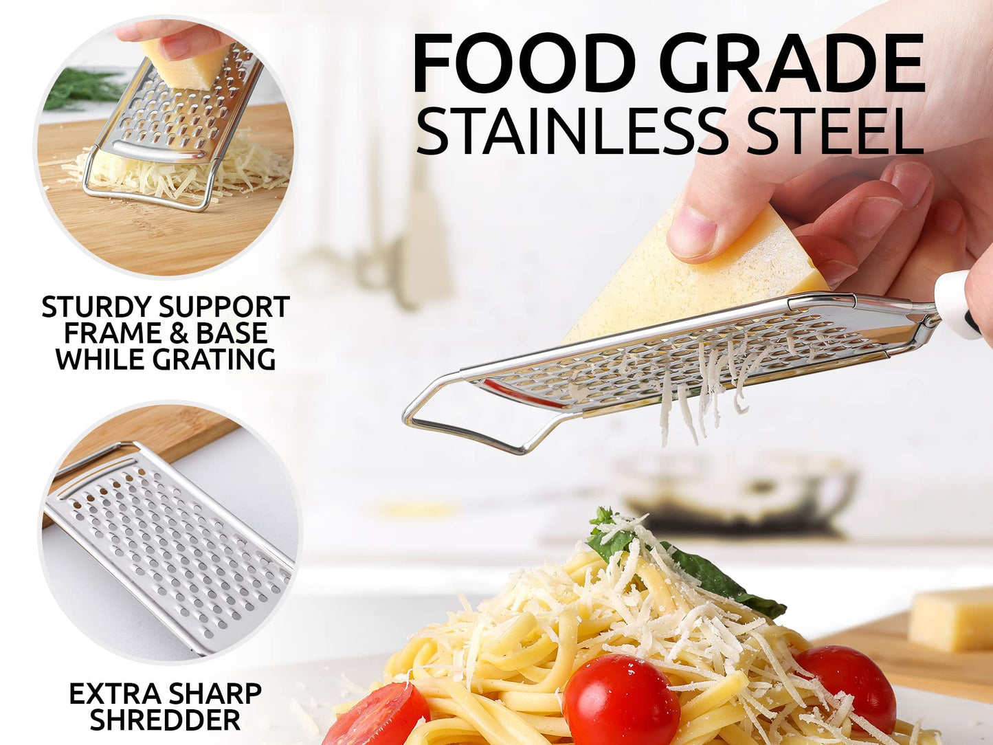 Zulay Kitchen Professional Cheese Grater Stainless Steel - Durable Rust-Proof Metal Lemon Zester Grater With Handle - Flat Handheld Grater For Cheese, Chocolate, Spices, And More - Black