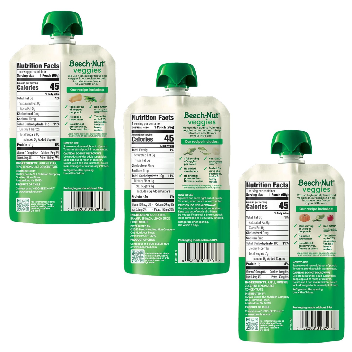 Beech-Nut Baby Food Pouches Variety Pack, Veggie Purees, 3.5 oz (18 Pack)