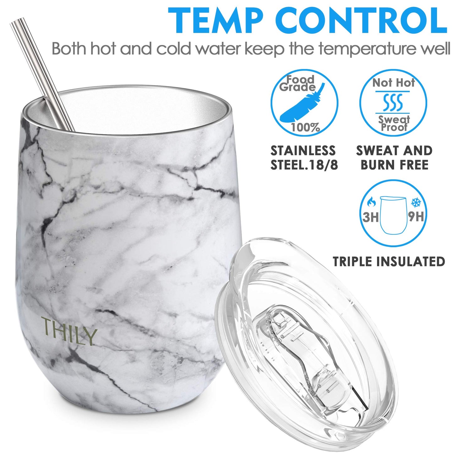 THILY Stainless Steel Stemless Wine Glasses 12 oz Vacuum Insulated Wine Tumbler with Lid and Straw, Reusable, Keep Cold & Hot for Drinks, Coffee, Cocktails, 2 Pack(Teal + Marble)