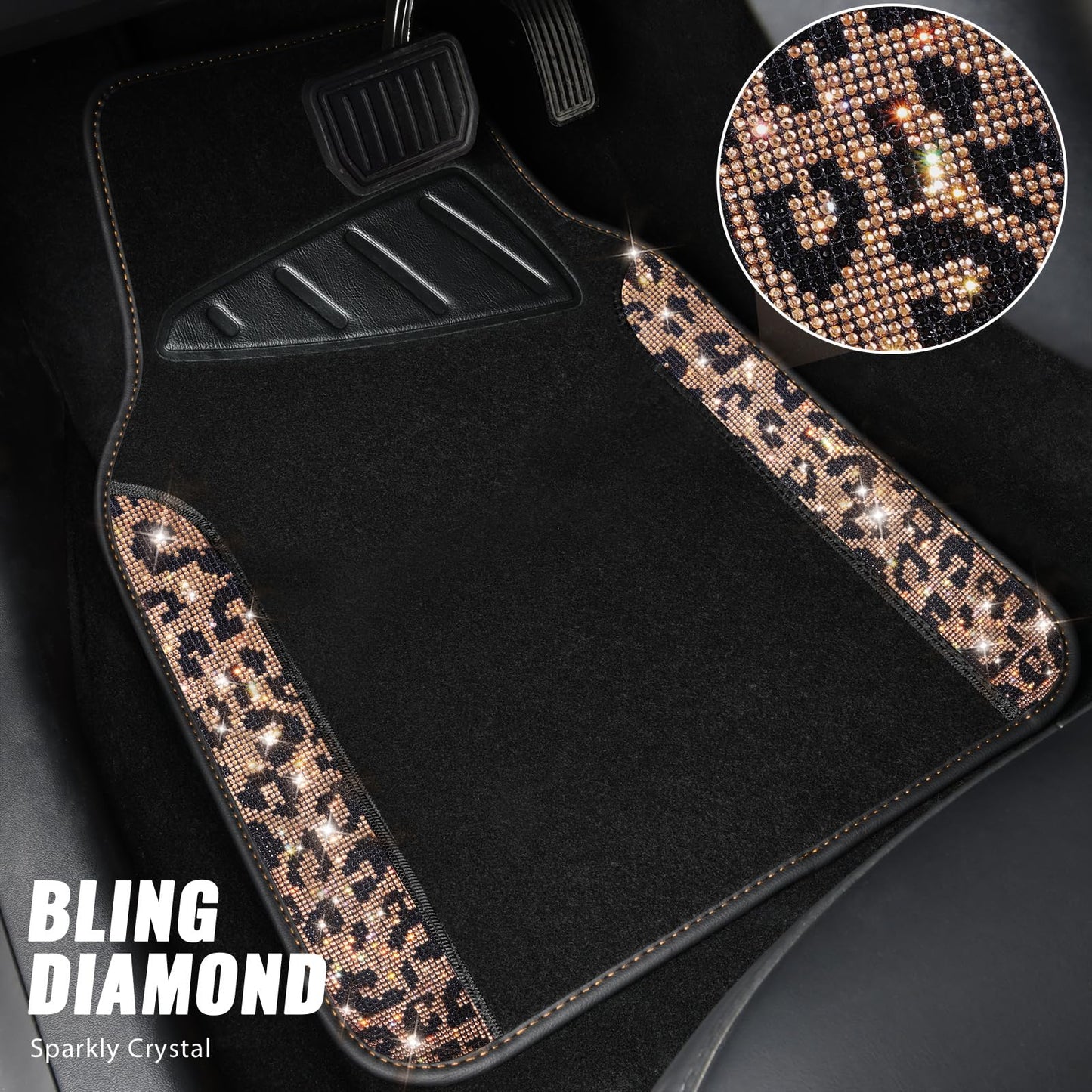 CAR PASS Bling Diamond Car Floor Mats, Shining Rhinestone Carpet Sparkly Glitter Crystal with Anti-Slip PVC Heel Pad Waterproof Universal Fit Automotive SUV,Sedan,Van,Cute Girl Women,4pcs Gold Leopard