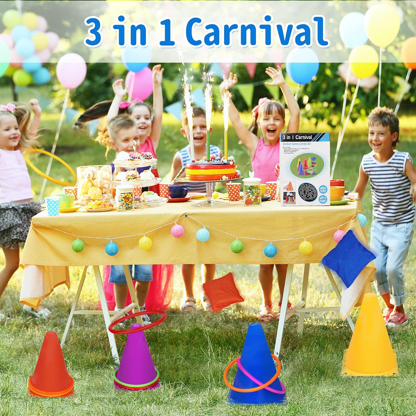 Win SPORTS 3 in 1 Carnival Outdoor,Combo Games Set,Soft Plastic Cones,Cornhole Bean Bags,Ring Toss Game,Kids Birthday Party Outdoor Games Supplies 26 Piece Set