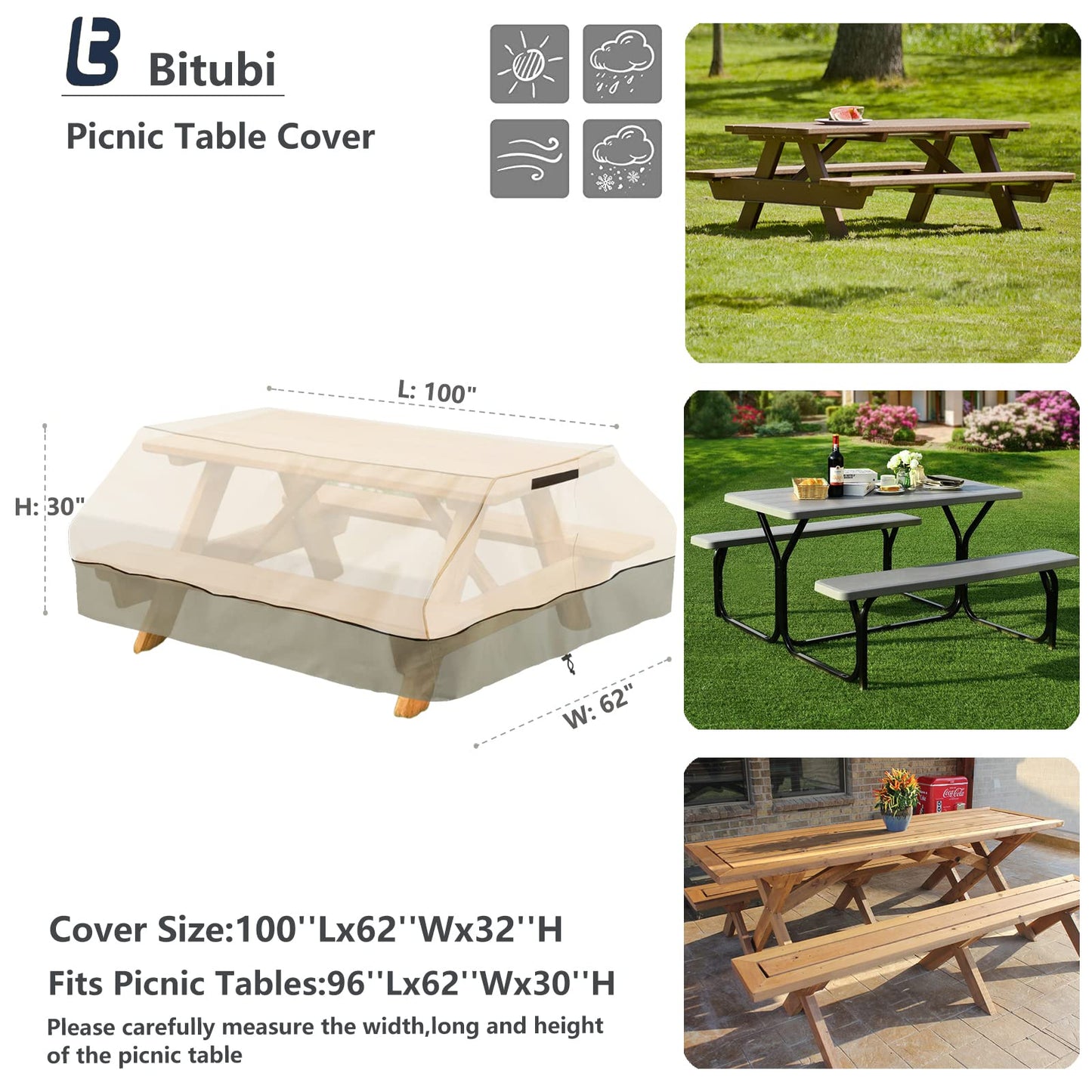 Bitubi 96 Inch Heavy Duty Waterproof Picnic Table Cover - 600D Tough Canvas Wind Dust Proof Anti-UV Outdoor Patio Table Bench Covers Winter