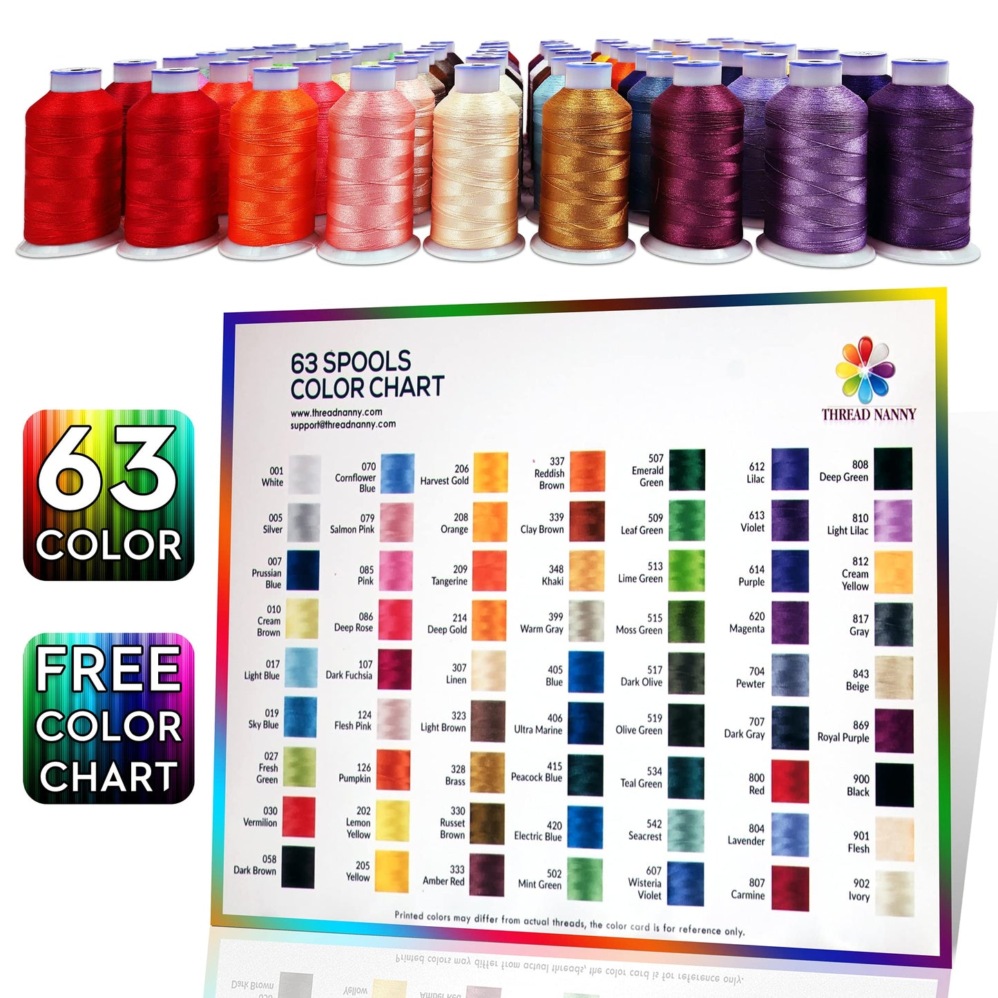 63 Colors Compatible with Brother Embroidery Machine Thread, Babylock, Janome, Machines | 550 Yards Per Spool Cone for Sewing Machine | Includes Color Chart