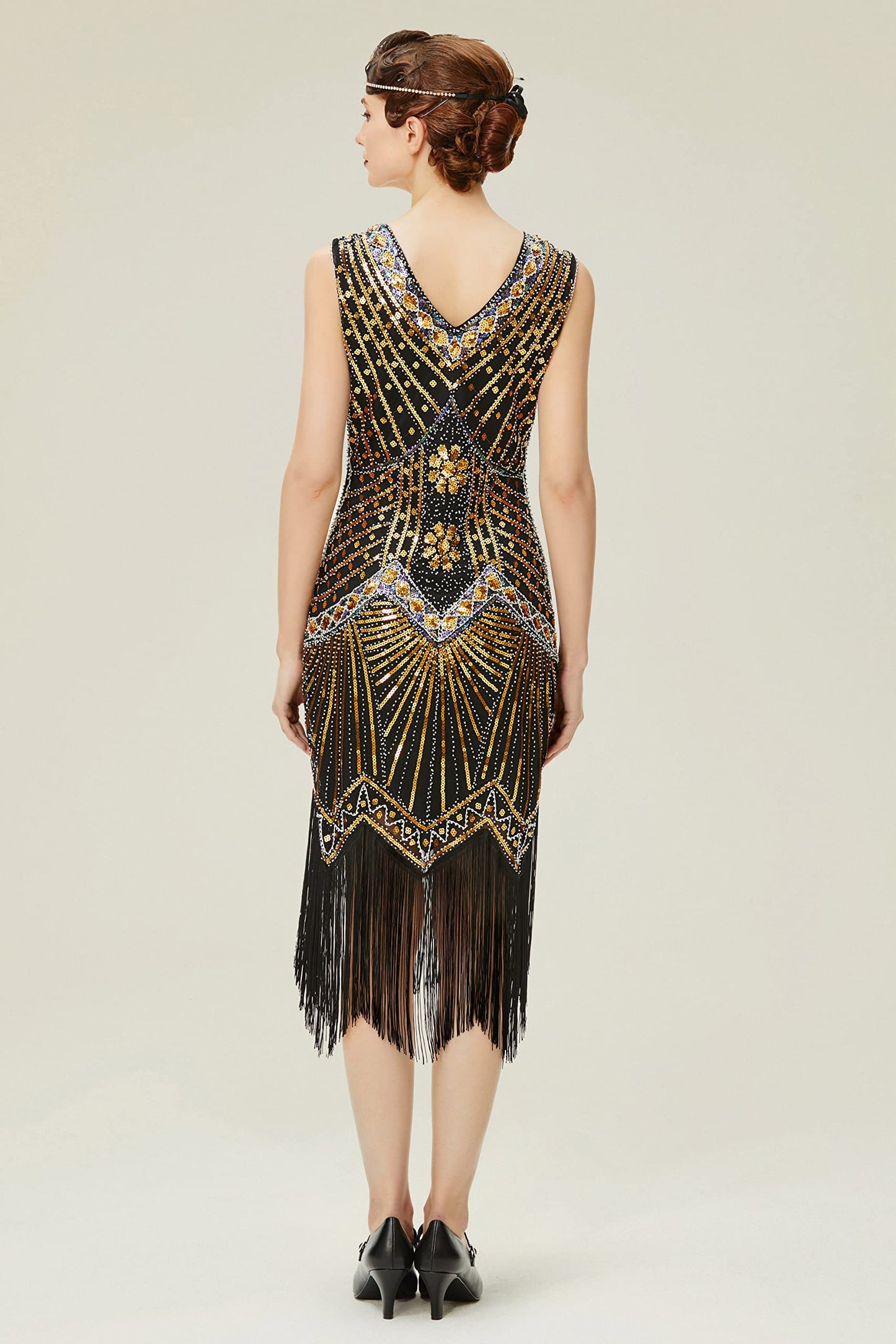 BABEYOND Women's Flapper Dresses 1920s V Neck Beaded Fringed Great Gatsby Dress Gold