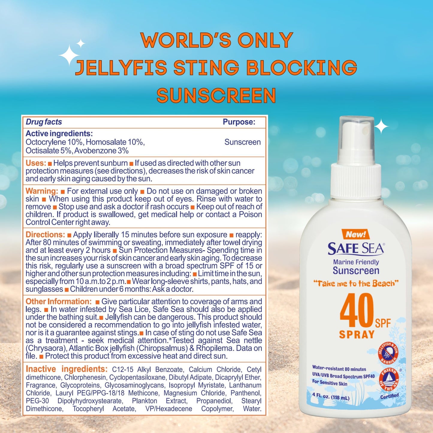 Safe Sea Jellyfish Sting-Blocking Sunscreen, SPF 40+ Spray 4 Fl oz, Waterproof, Biodegradable, Coral Reef-Safe – Body and Face Sunscreen, Anti-Jellyfish and Sea-Lice sting protection.