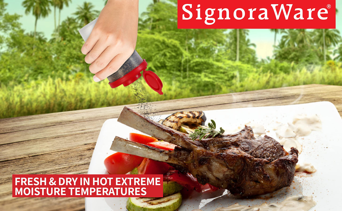 SIGNORAWARE Salt and Pepper Shakers Moisture Proof Set of 2 Large Salt Shaker to go Camping Picnic Outdoors Kitchen Lunch Boxes Travel Spice Set Clear with Red Covers Lids Plastic Airtight Dispenser