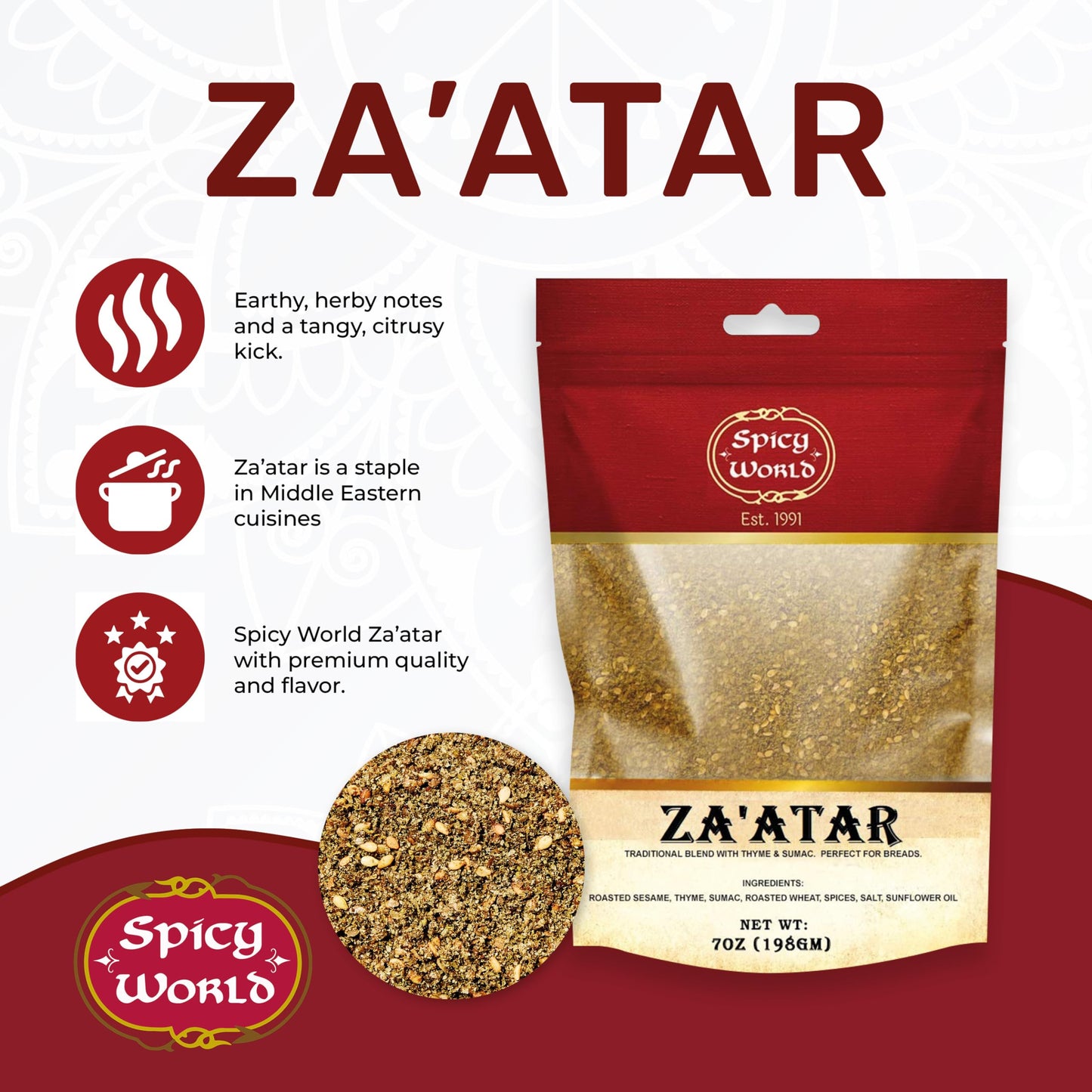 Spicy World Zaatar 7 Ounce LARGE Bag | Traditional Middle Eastern Zatar Spice Blend with Thyme & Sumac | Zaatar Seasoning