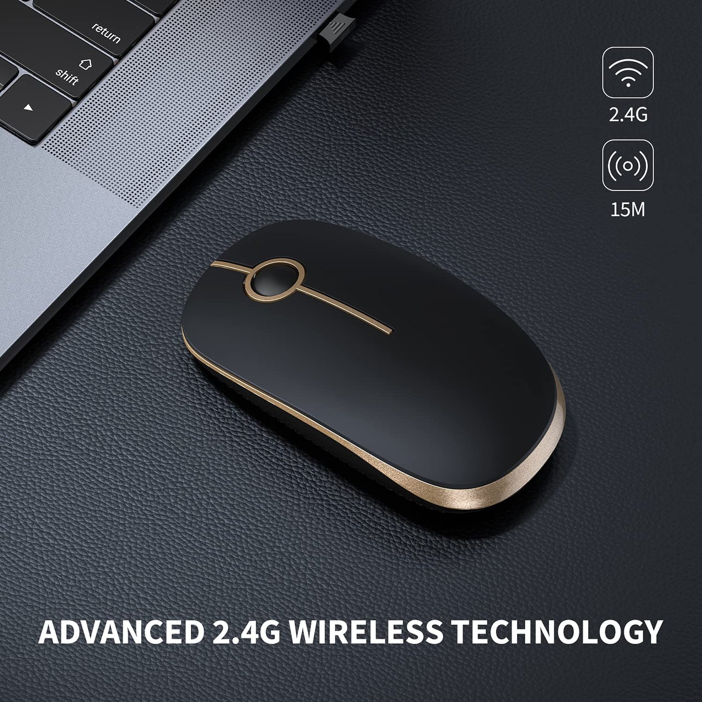 Vssoplor Wireless Mouse, 2.4G Slim Portable Computer Laptop Mouse with Nano Receiver Quiet Silent Optical Mice for Notebook, PC, Laptop, Computer-Black and Gold