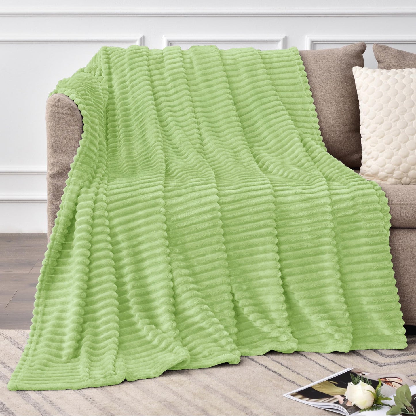 BEDELITE Sage Green Throw Blanket for Couch, 3D Ribbed Jacquard Soft & Cozy Fleece Blanket, Fluffy, Plush Lightweight Spring Throw Blankets for Picnic, Travel, 50x60 Inches