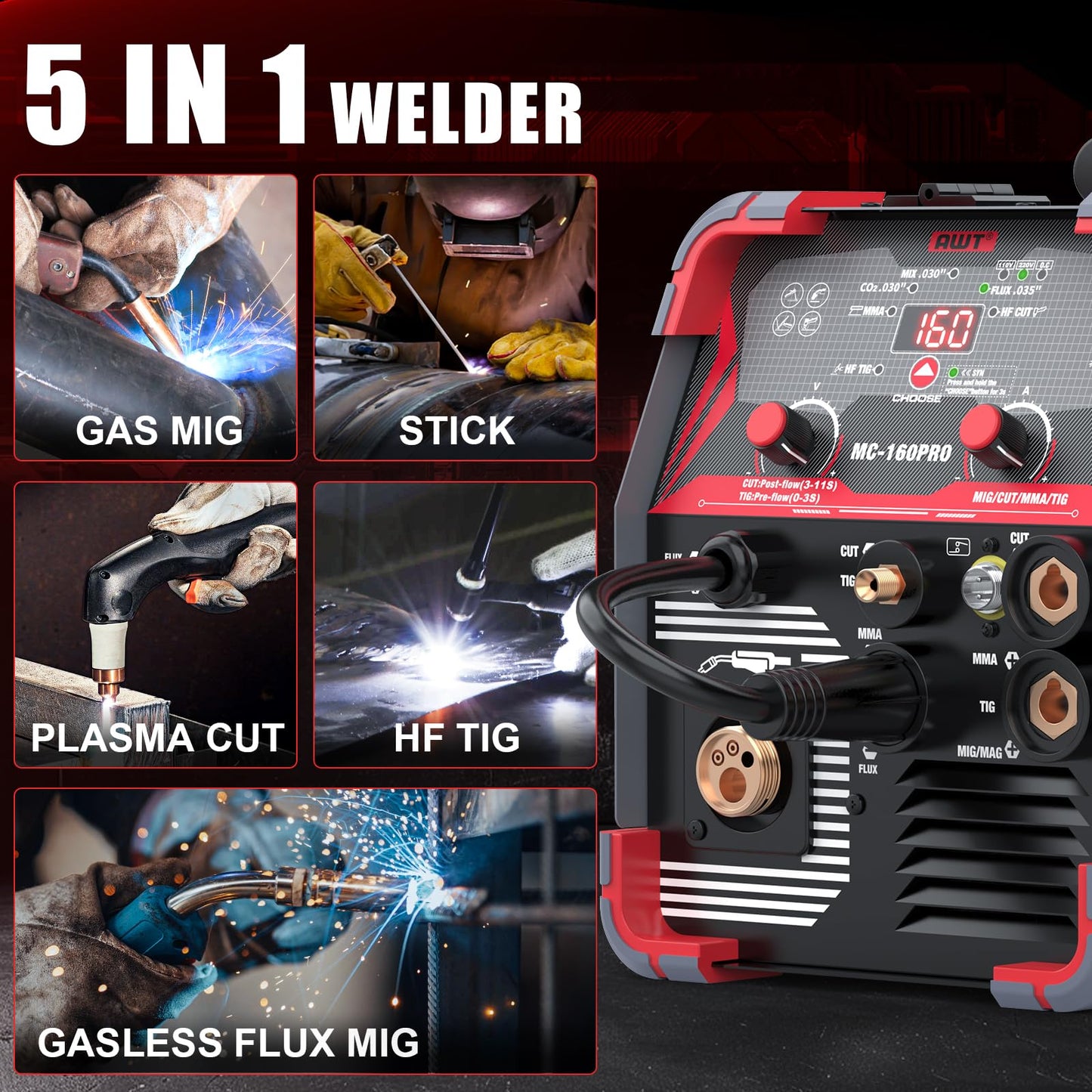 AWT MIG Welding Machine,160A 5 in 1 Plasma Cutter Welder Combo HF TIG/Gas MIG/Flux MIG/Stick Welding,110/220V Dual Voltage, Multi-Process Welder MIG88-160M
