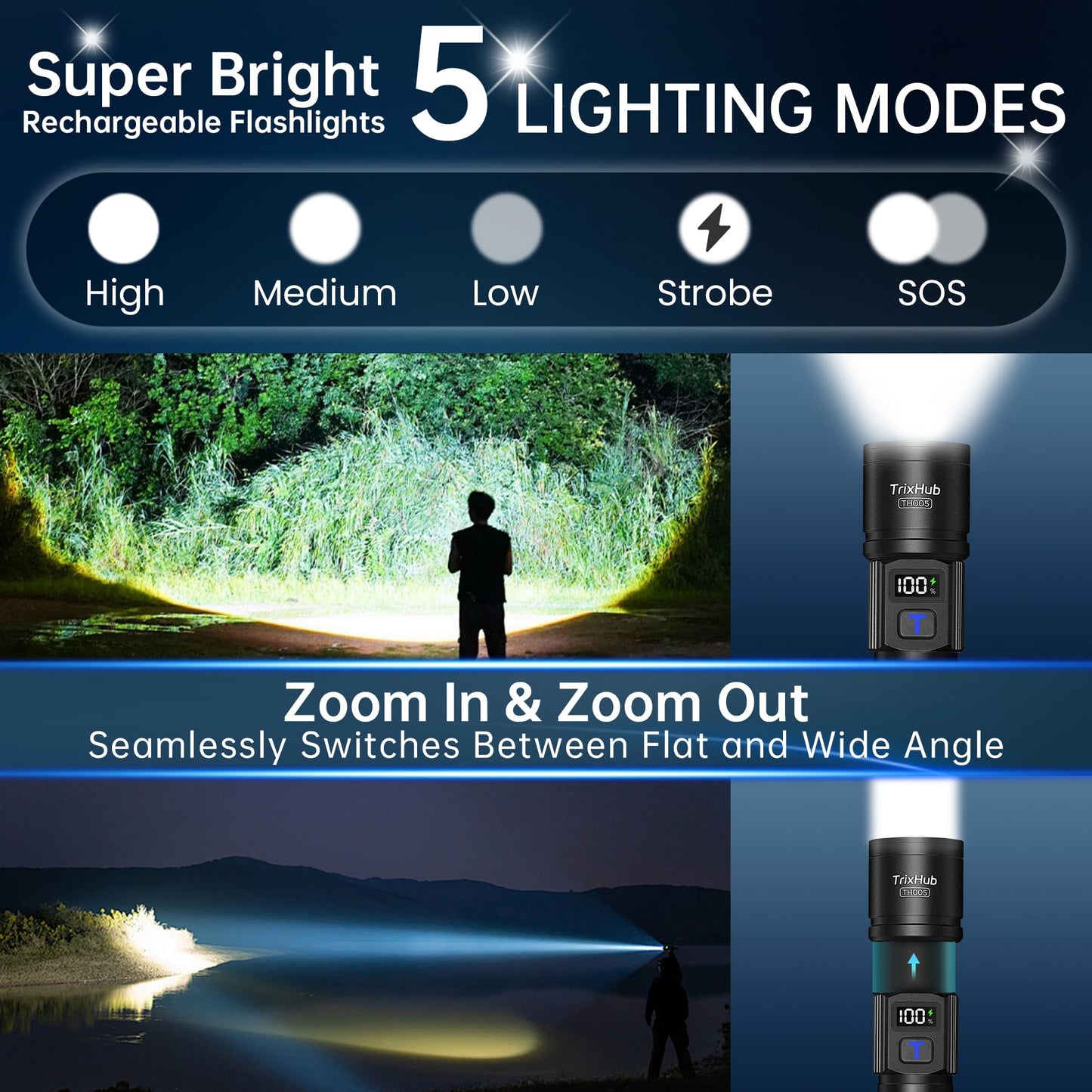 Rechargeable Flashlights 2 Pack, Super Bright High Lumens Flash Light, 5 Modes Zoomable Linternas with LCD Digital Display, Powerful Handheld LED Flashlights for Emergencies Camping