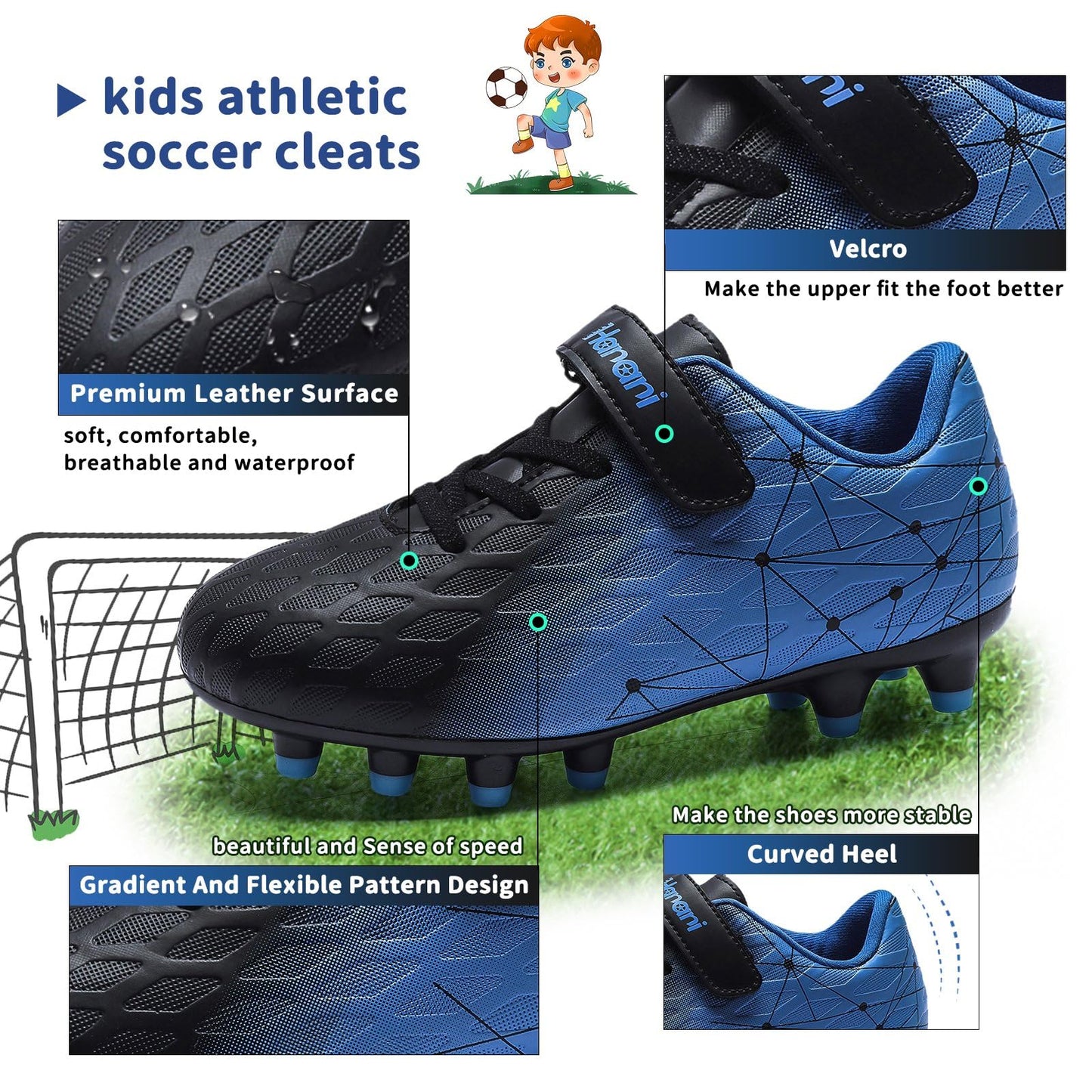 Hanani Boys Girls Turf Soccer Shoes Kids Baseball Cleats Athletic Outdoor Indoor Sports Shoe Youth School Performance Futsal Sneaker Black Blue