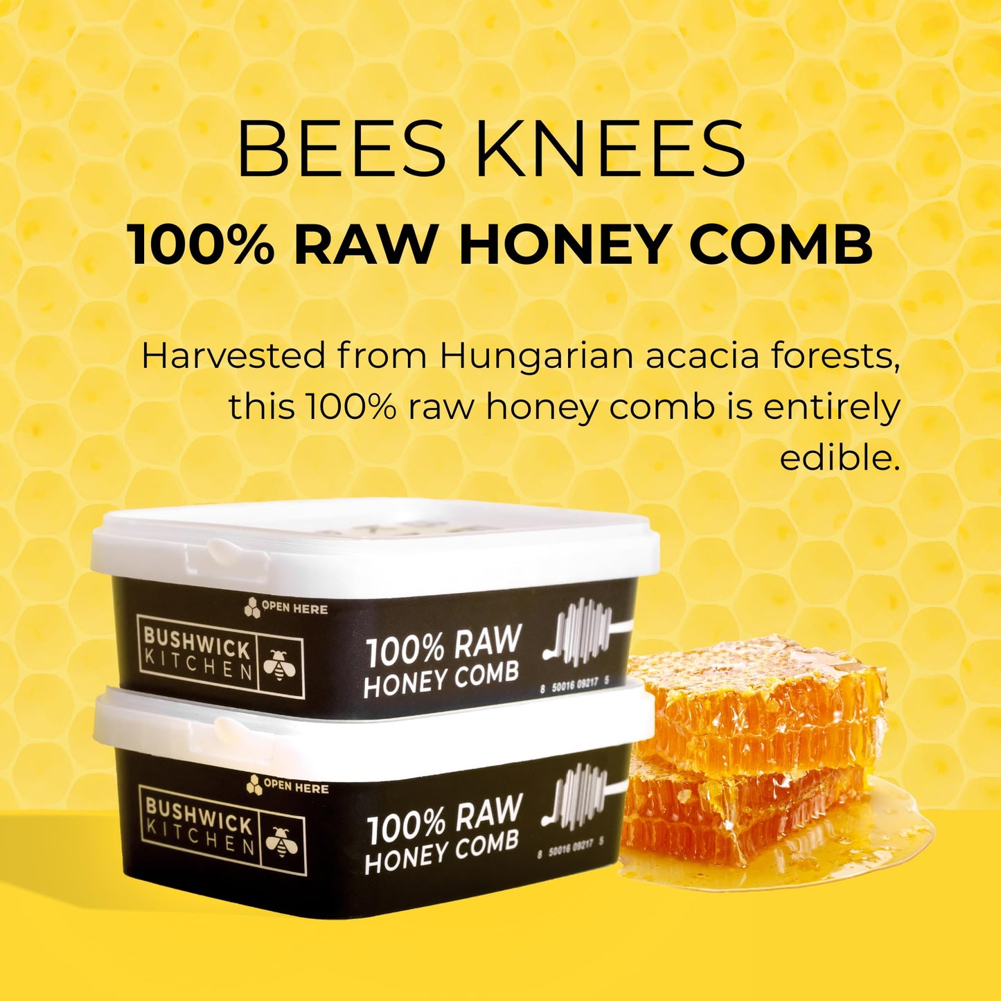 Bees Knees Raw Honeycomb, 100% Edible, All-Natural Gourmet Honeycomb in Double Sealed Packaging, Acacia Honey Comb with Sweet, Light Flavor, Foodie Gifts, Tea Gifts, Unique Gift Ideas (7 oz)