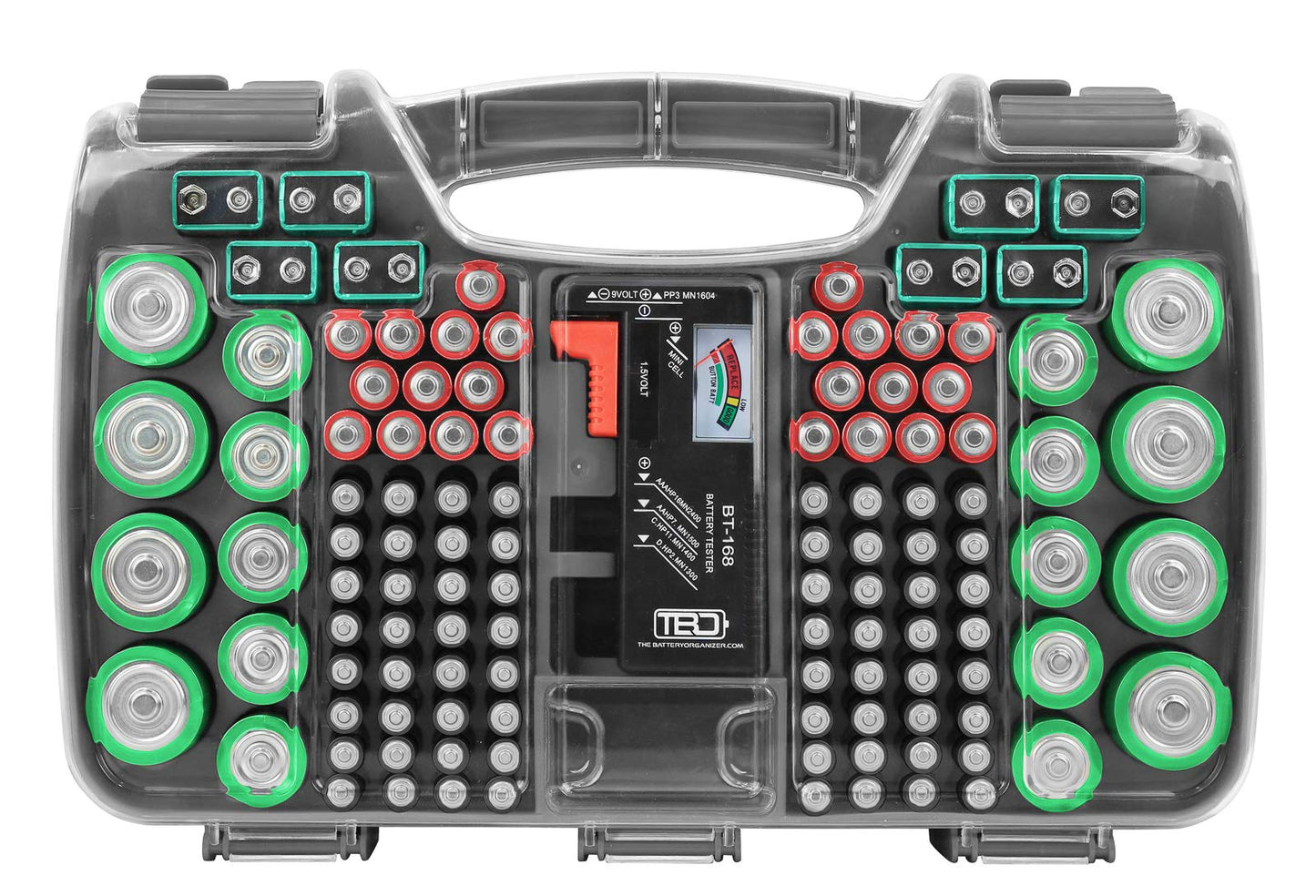 The Battery Organizer, Battery Storage Organizer Hinged Clear Cover with Locking Lid, Holds 180 Batteries, Includes a Removable Battery Tester, Holder for Garage Organization, Charcoal