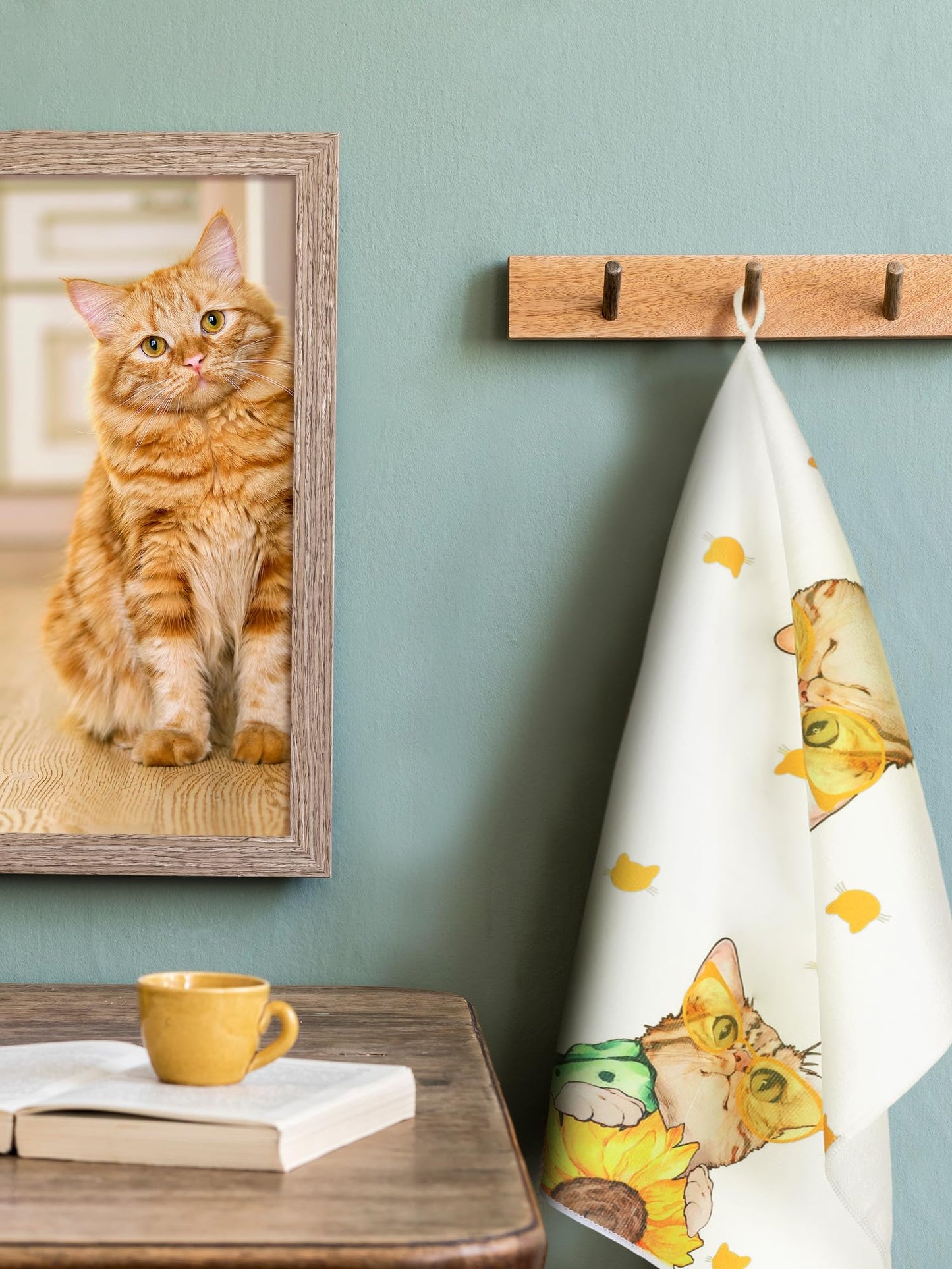 Bencailor 4 Pcs Cat Kitchen Towels Yellow Floral Cute Kitty Hand Dish Towels Fast Drying Kitty Decorative Tea Dishcloth Housewarming Gift for Cat Lovers Cooking Kitchen Bathroom Decor