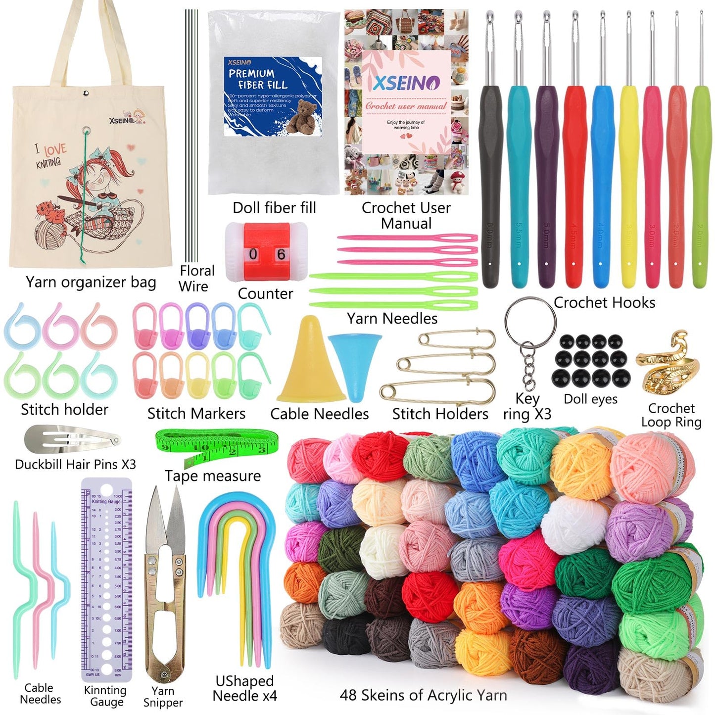 XSEINO Crochet Kit with Crochet Hooks Yarn Set - Premium Bundle Includes 40 Colors Crochet Yarn Balls, Crochet Kit, Accessories Kit, Crochet Bag and Lot More - Starter Pack for Kids Adults