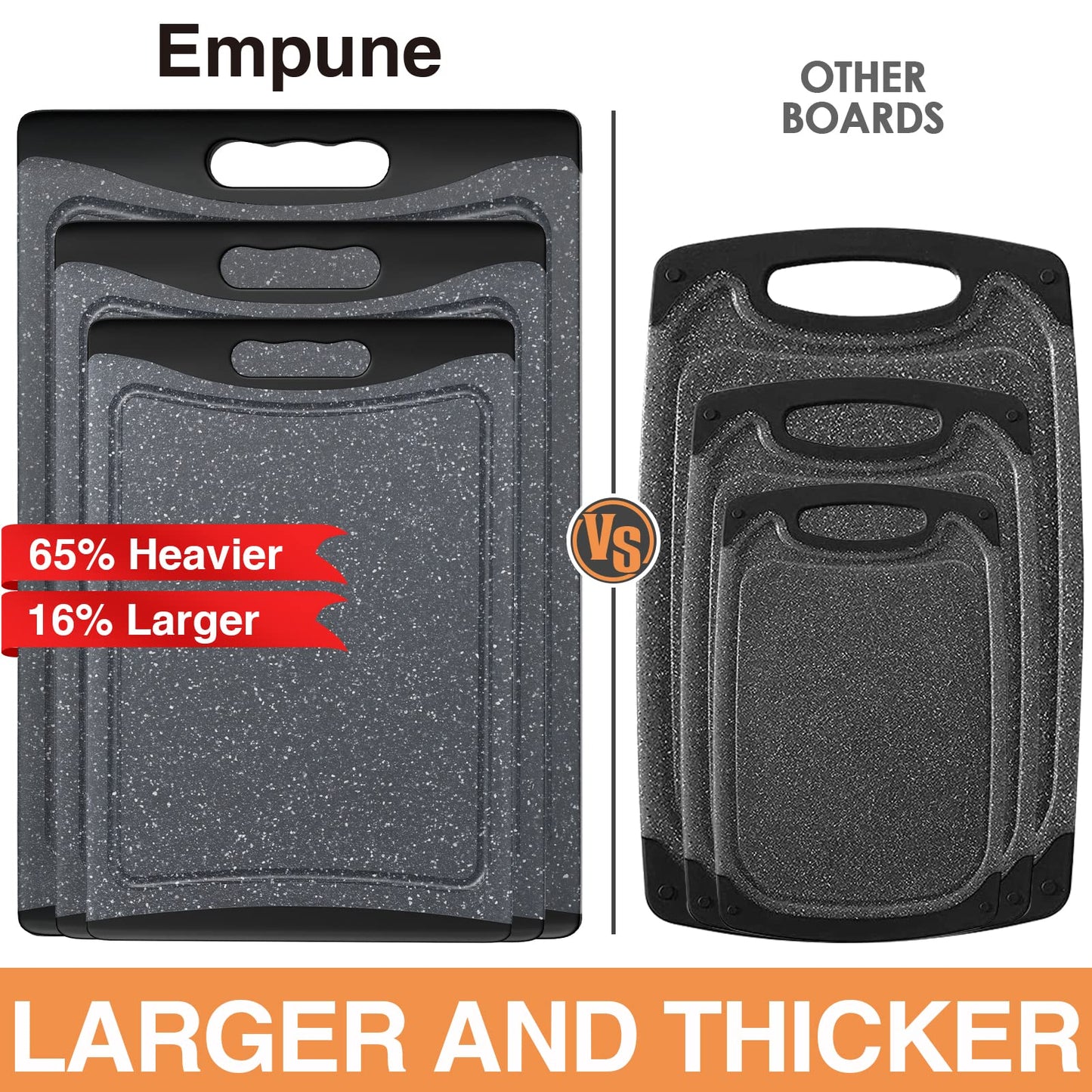 Extra Large Cutting Boards, Plastic Cutting Boards for Kitchen (Set of 3) Cutting Board Set Dishwasher Chopping Board with Juice Grooves Easy-Grip Handles, Dark Grey, Empune