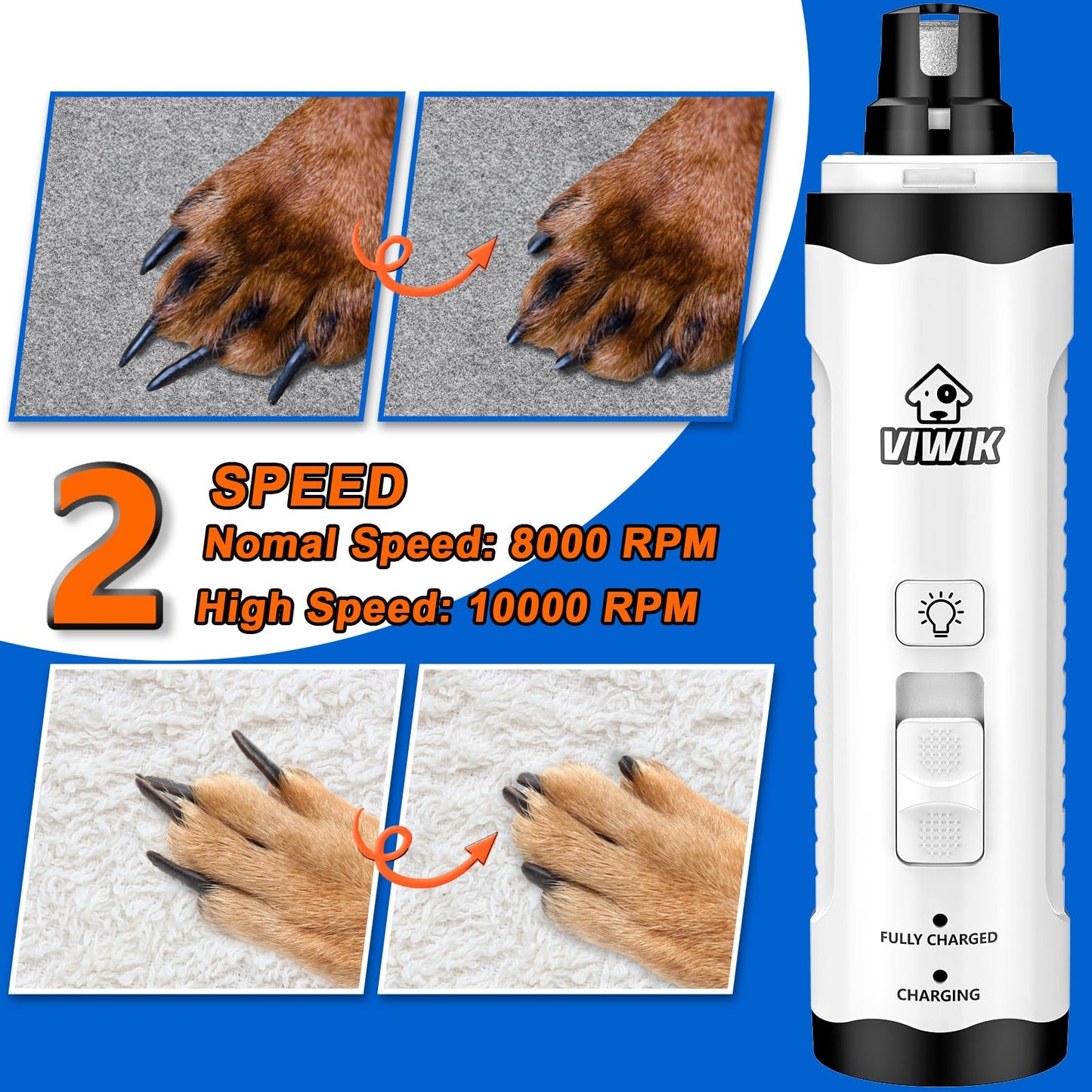 VIWIK Dog Nail Trimmers with Light, Cat Dog Nail Clippers, Dog Nail Grinder Quiet for Large Medium Small Dogs Paw & Cats Claw, Electric 2-Speed Pet Toenail Grooming Supplies, Gifts for Dog Lovers.
