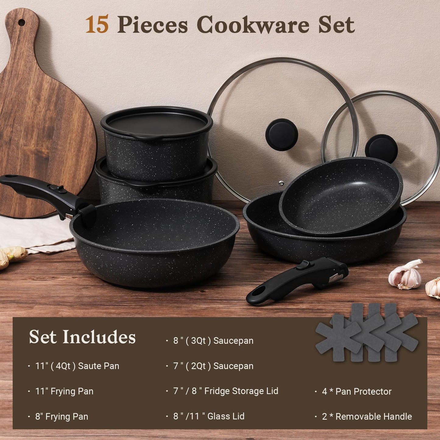 SODAY 15Pcs Pots and Pans Set Non Stick, Cookware Sets with Detachable Handle, Nonstick RV Kitchen Cooking Tools Removable Handles, Oven Safe, Induction Fast, Stackable Induction Cookware,Black