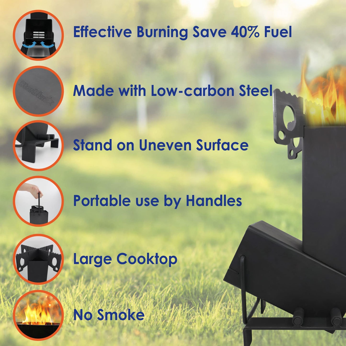 Collapsible Rocket Stove by StarBlue with FREE Carrying Bag - A Portable Wood Burning Camping Stove with Large Fuel Chamber Best for Outdoor Cooking, Camping, Picnic, BBQ, Hunting, Fishing