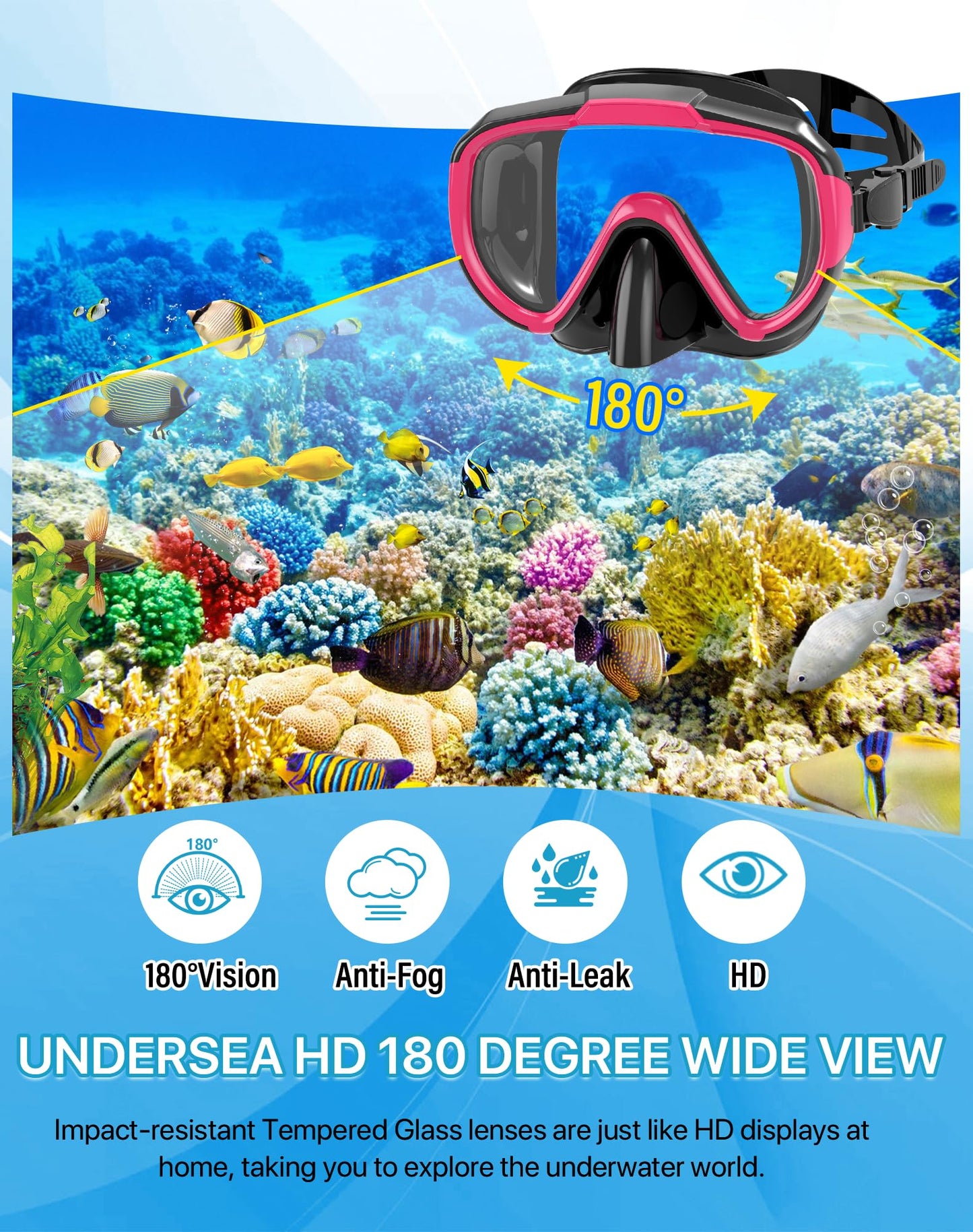 Ubekezele Snorkeling Gear for Adults Men Women,4 in 1 Snorkel Set with Panoramic View Diving Mask Anti-Fog Anti-Leak,Dry Top Snorkel,Fins and Travel Bag for Swimming,Snorkeling and Travel Diving