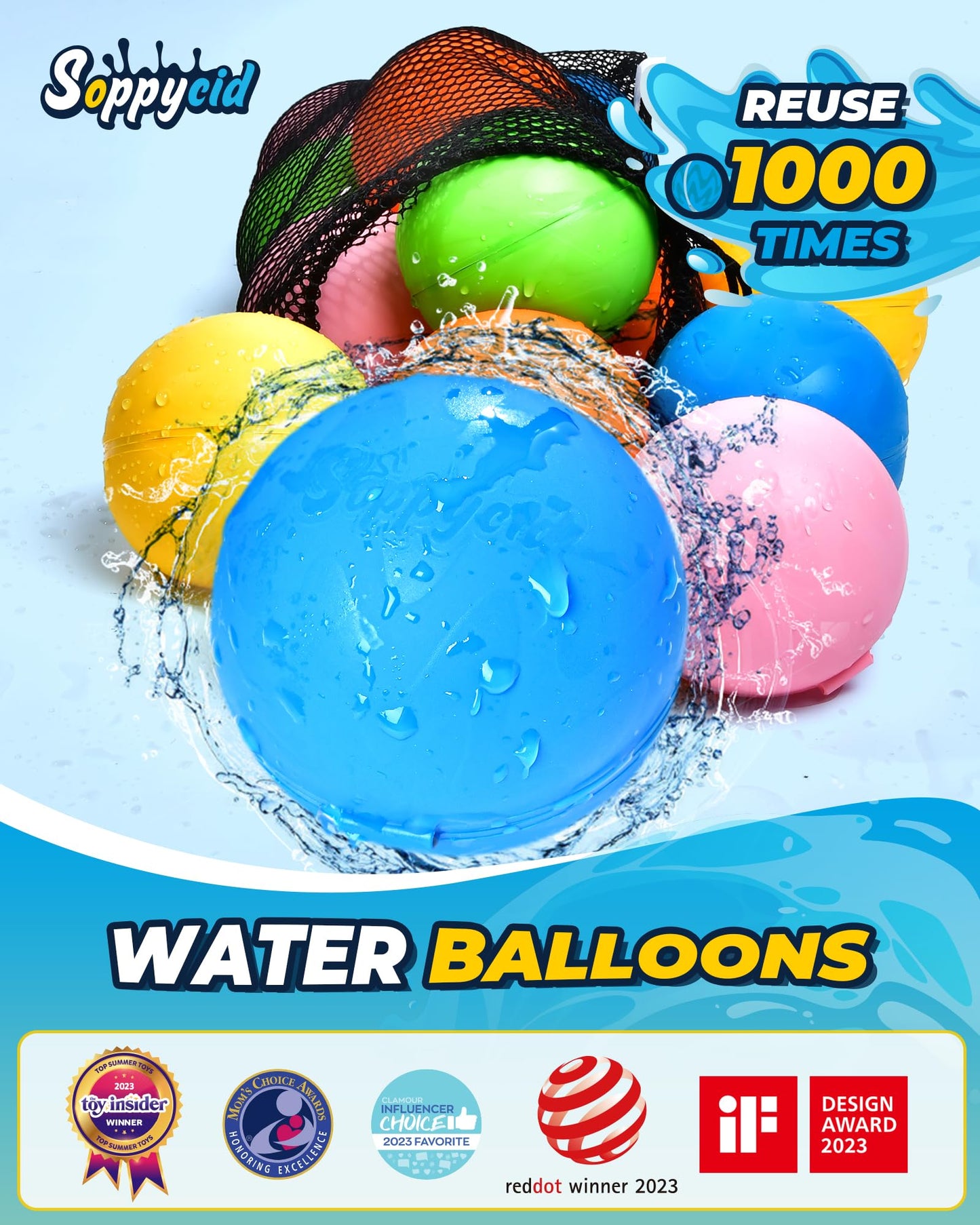 SOPPYCID Water Balloons Reusable Quick Fill - Self Sealing Silicone Water Balls for Kids with Mesh Bag, Outdoor Summer Fun Water Toys for Activities, Summer Party, Water Park, Family Game 10 Pcs