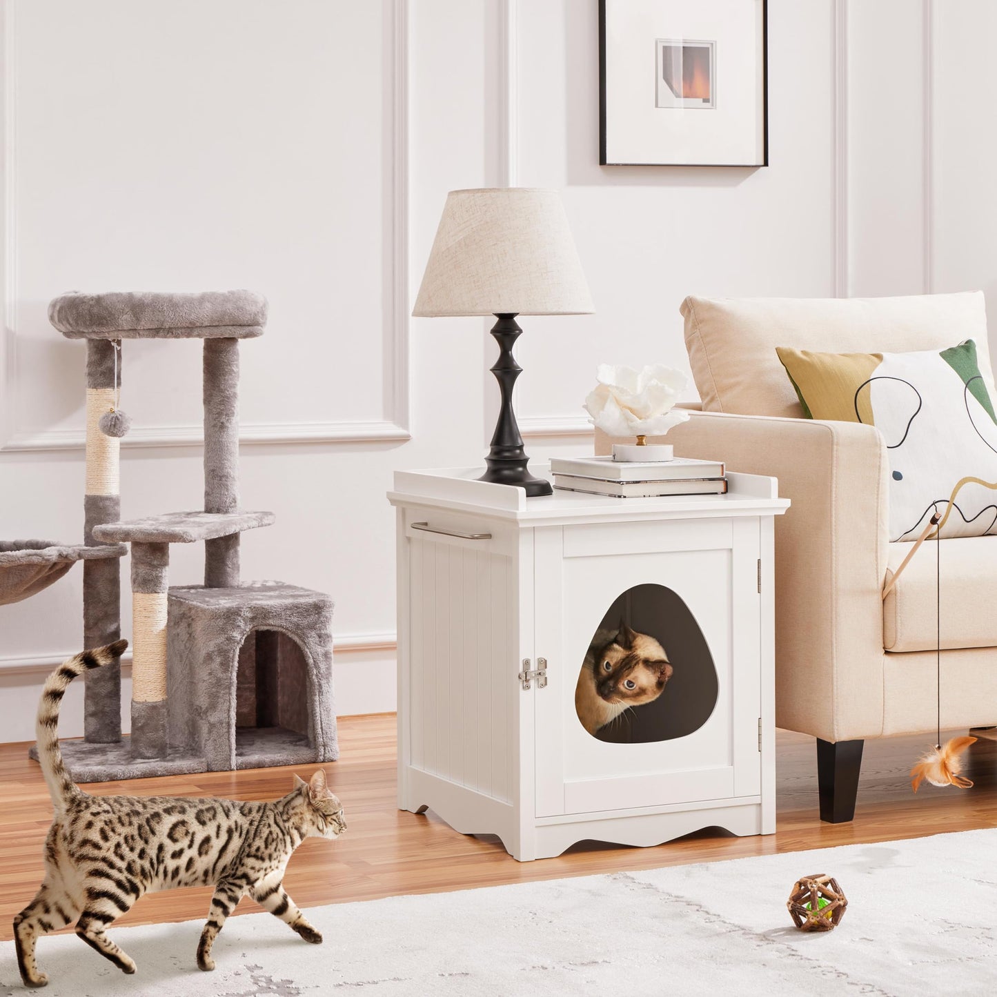 Yaheetech Cat Litter Box Enclosure, Hidden Litter Box Furniture with Side Towel Bar, Wooden Cat Washroom, Storage Cabinet, Indoor Pet House, Side Table Nightstand, White