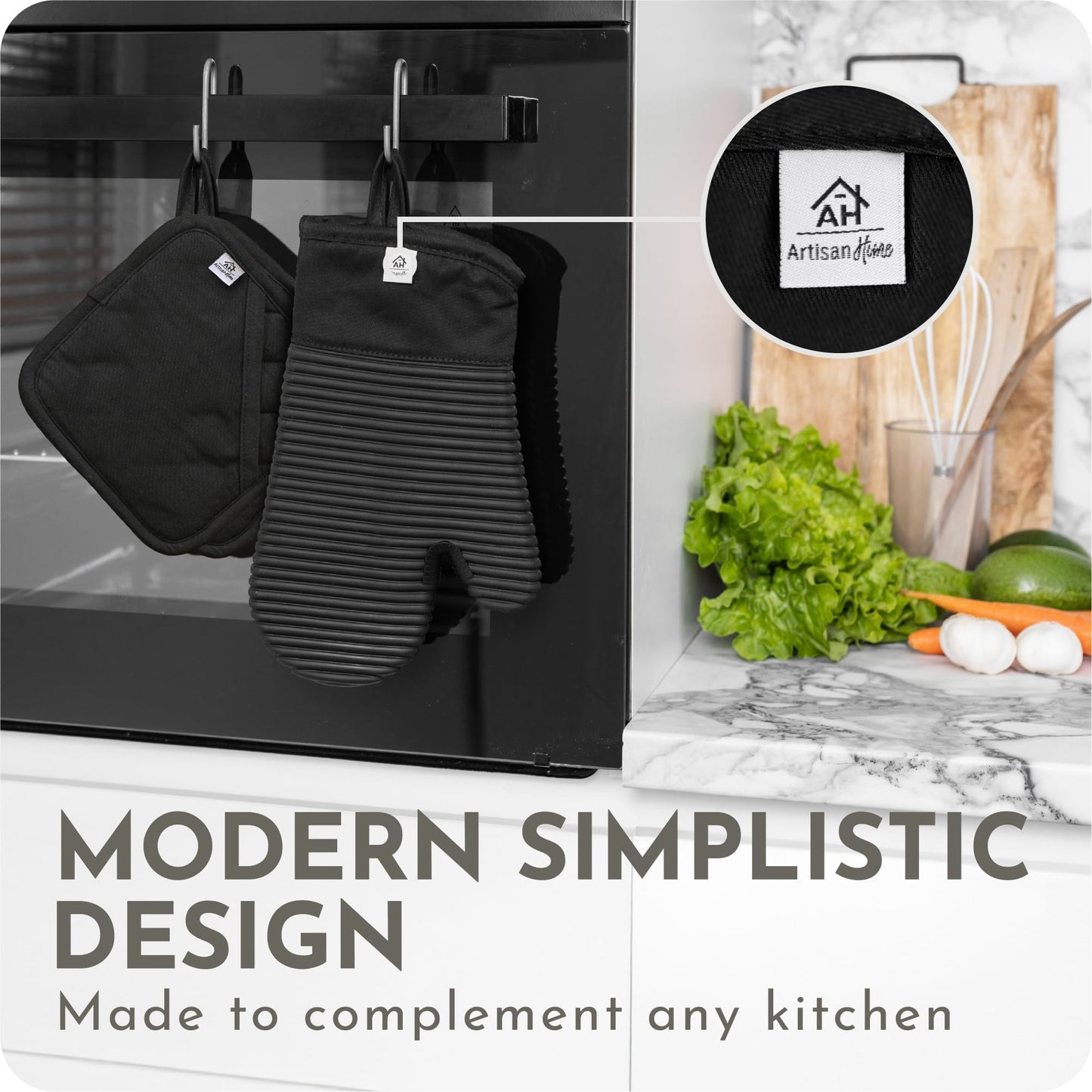 Extra Long Silicone Oven Mitts & Potholders Set - Heat Resistant 500°F Kitchen Gloves with Pot Holders, BPA-Free Waterproof Baking Mitts, Non-Slip Grip, 4-Piece Set, Black