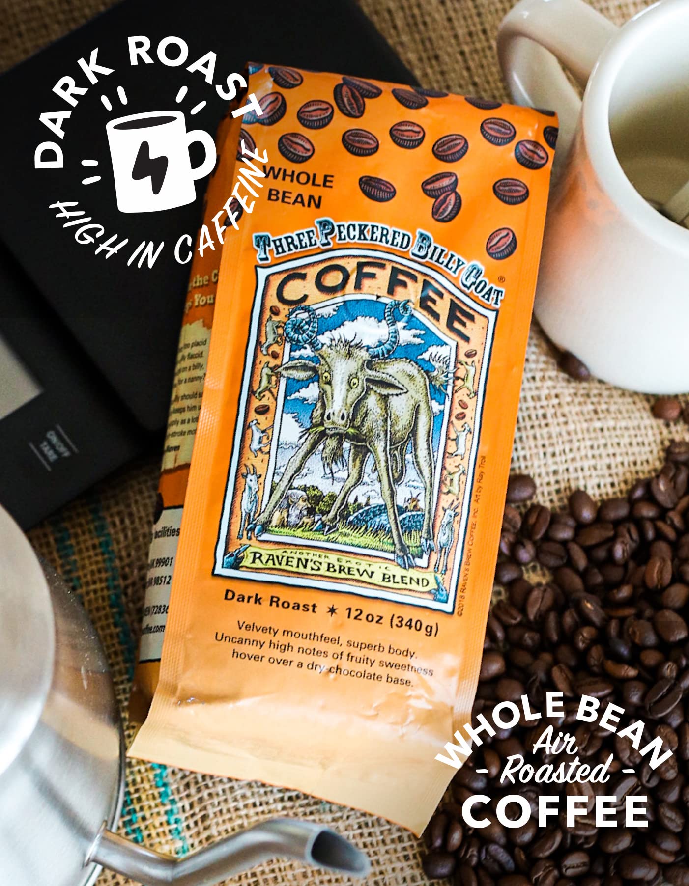 Raven's Brew Coffee Three Peckered Billy Goat, 12 Ounce - Dark Roast - Full Body with a Long Sweet Finish (Whole Bean, 12 oz)