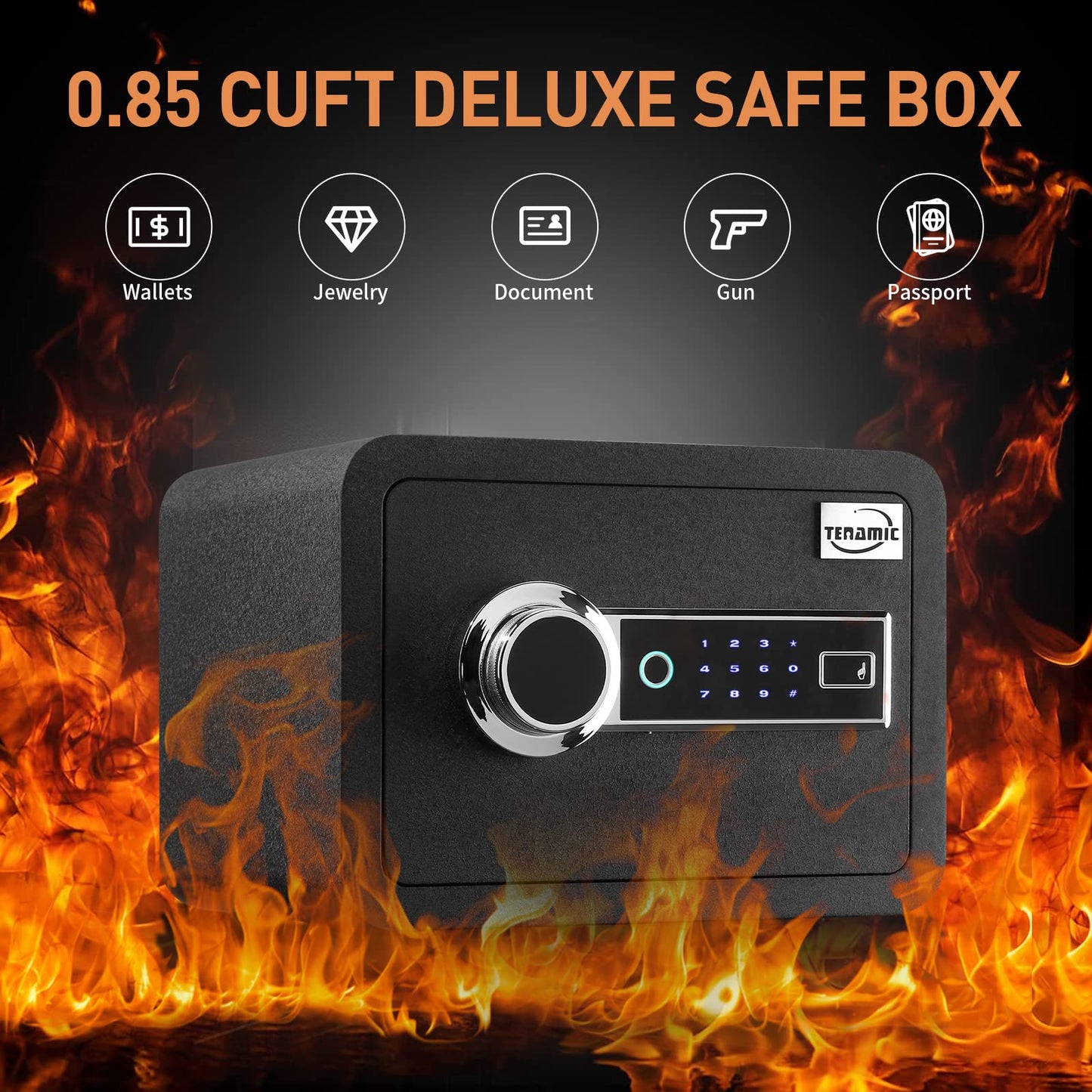 Tenamic Biometric Fingerprint Safe Box 0.85 Cubic Feet Fireproof Waterproof Safe Box with Induction Light and Leather, Solid Alloy Steel Office Hotel Home Cabinet Safe, Black