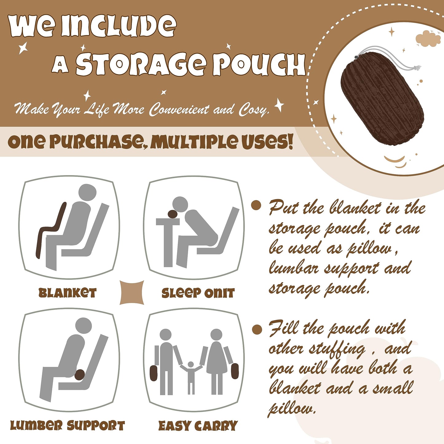 Bnuitland Brown Flannel Throw (50X70 inches) with Storage Pouch,300GSM Super Soft Fleece Stripe Pattern Sofa Blanket for Adults and Kids, Lightweight Cozy Bed Throw for Home Decor All Season