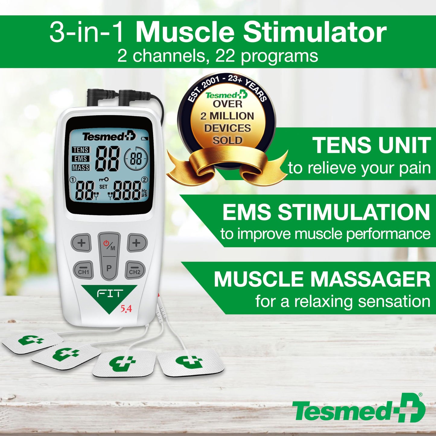 TESMED Fit 5.4: TENS Unit, EMS Muscle Stimulator & Muscle Massager (3-in-1), 22 Programs, 6 Customizable, Ideal for Pain Relief and Muscle Stimulation, 4 Electrodes