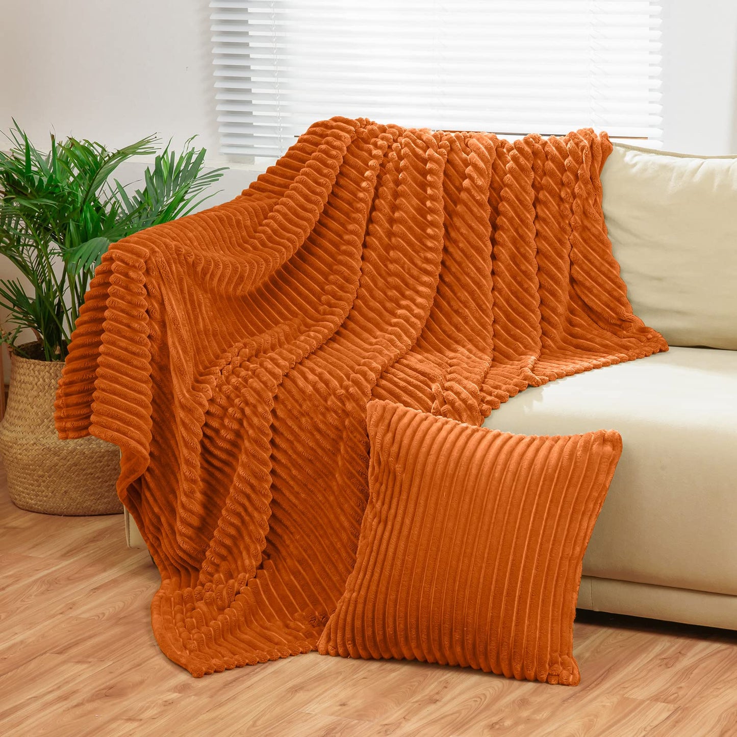 Bnuitland Burnt Orange Flannel Throw (50X71 inches) with Pillow Cover(18×18"),300GSM Super Soft Fleece Stripe Pattern Sofa Blanket, Lightweight Cozy Bed Throw for Home Decor All Season