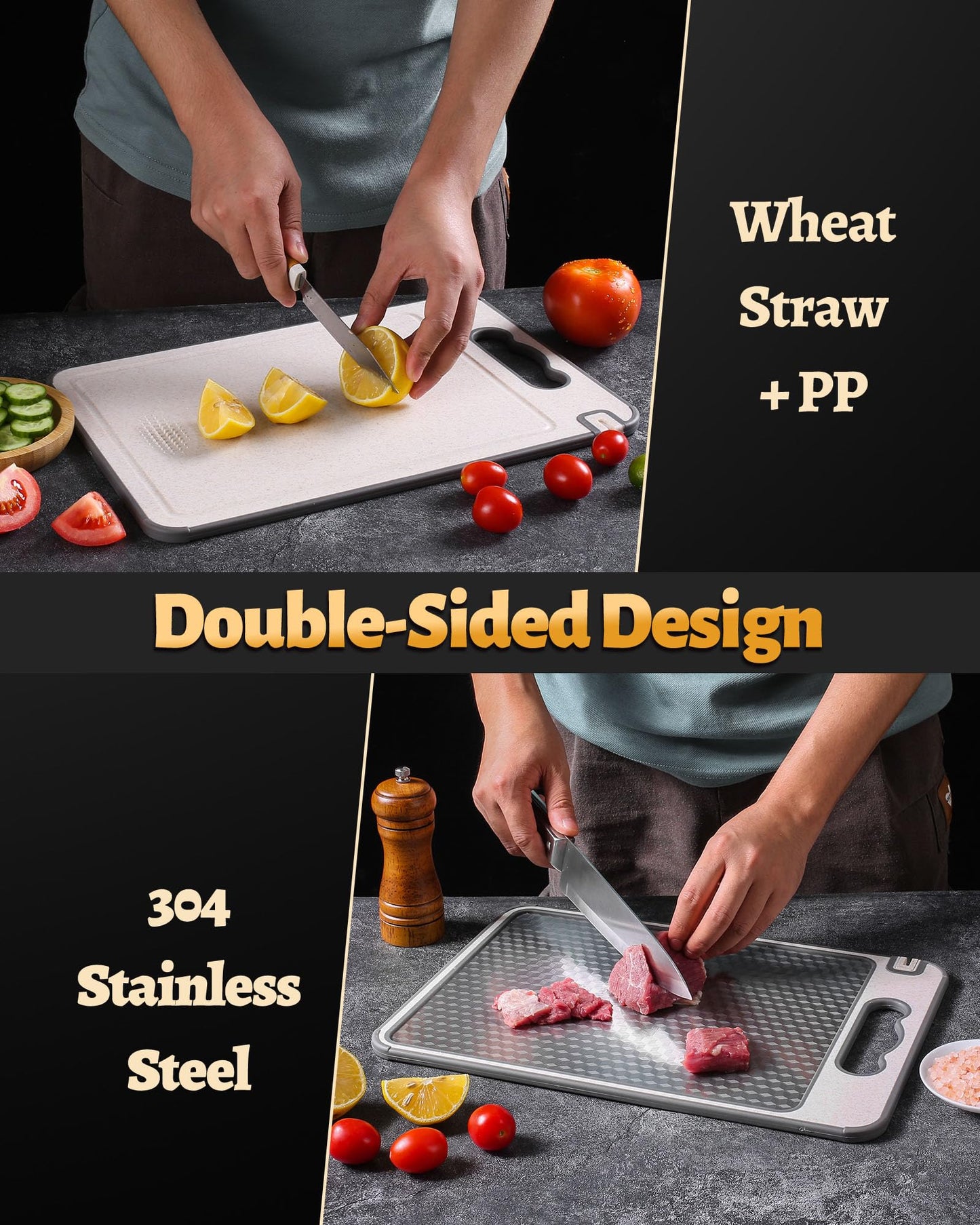 Stainless Steel Cutting Board for Kitchen, Non Toxic Large Chopping Board Double Sided Non-slip Scratch-resistant Mesh Design with Juice Groove Food-Grade Wheat Straw PP 15×10 In Easy to Clean