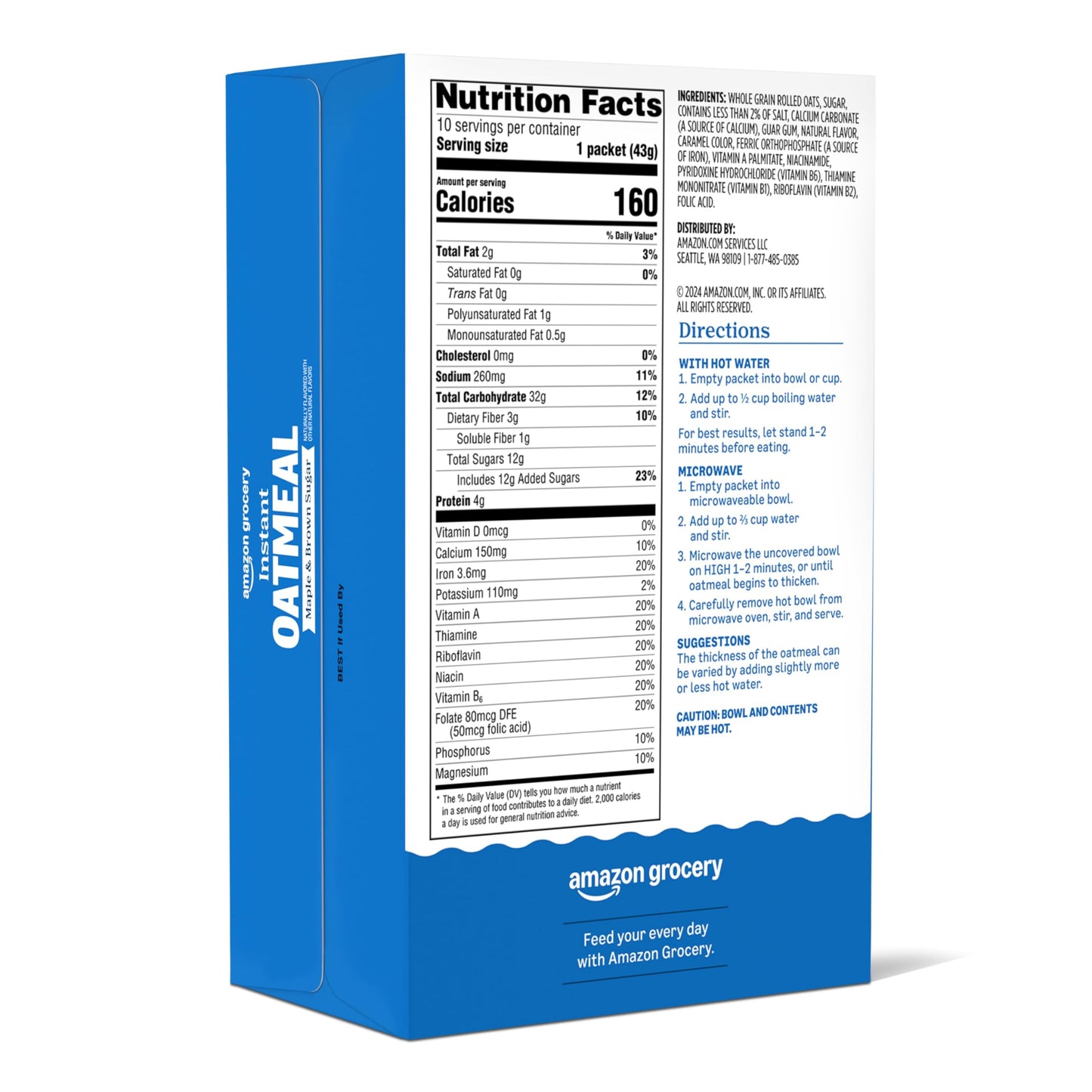 Amazon Grocery, Maple & Brown Sugar Instant Oatmeal, 15.1 Oz, 10 Ct (Previously Happy Belly, Packaging May Vary)