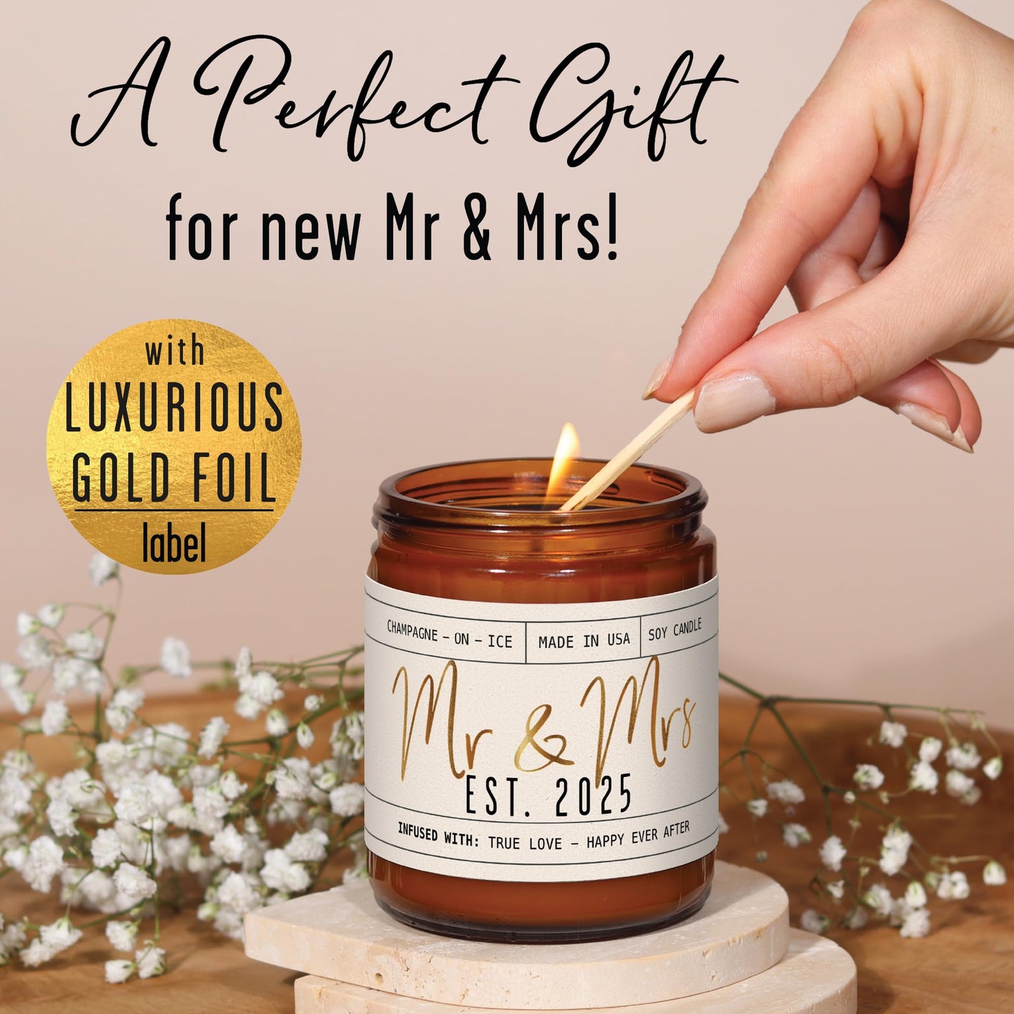 Wedding Gifts for Couples 2025, Bridal Shower Gifts from Bride - 'Mr & Mrs Est. 2025 Candle, w/Champagne on Ice I Wedding Shower for Newlyweds I 50Hr Burn, USA Made