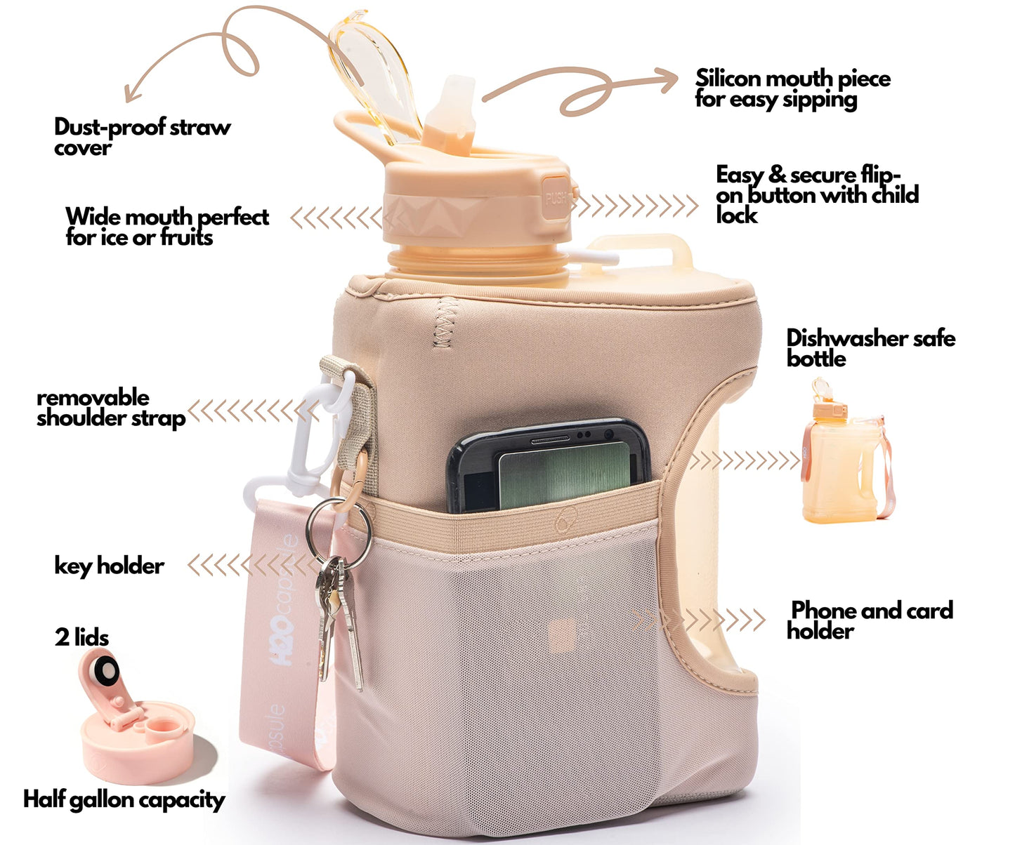 H2O Capsule Half Gallon Cube Square Water Bottle - 2.2L Water Bottle with Strap, Storage Sleeve, Covered Straw and Chug Lid – BPA Free Reusable Sports Water Jug with Handle, (68 Ounce), (Neutral)