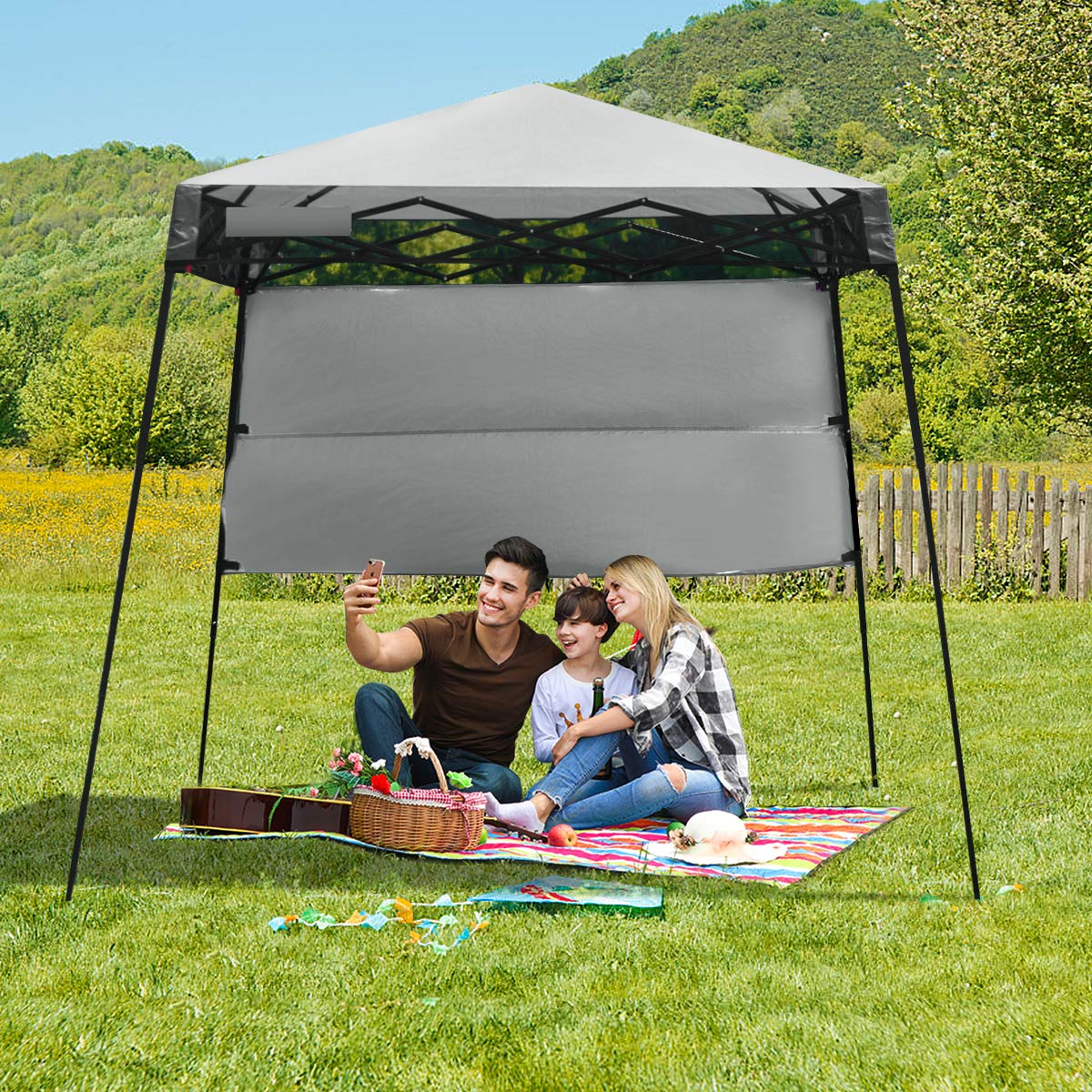 Tangkula 7x7 Ft Pop Up Canopy, Slant Leg Outdoor Tent with Carry Bag & 4 Stakes, Compact Portable for Hiking Camping Fishing & Picnic (7'x7' Base, 6'x6' Top)