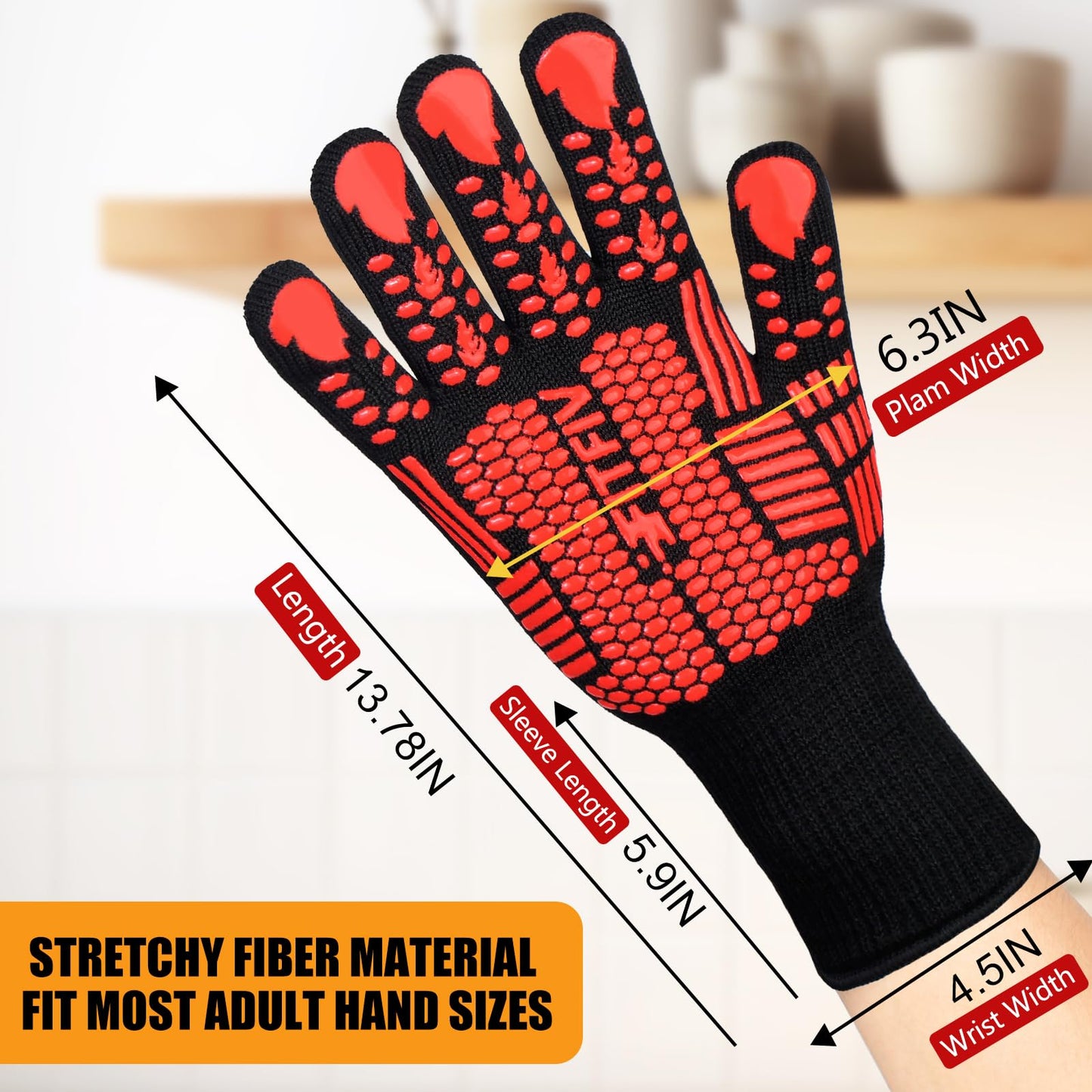 FITFIV BBQ Gloves, Oven Gloves, Extreme Heat Resistant Barbecue Gloves, Silicone Non-Slip Oven Mitts, Kitchen Gloves for Cooking, Grilling, and Baking (Red)