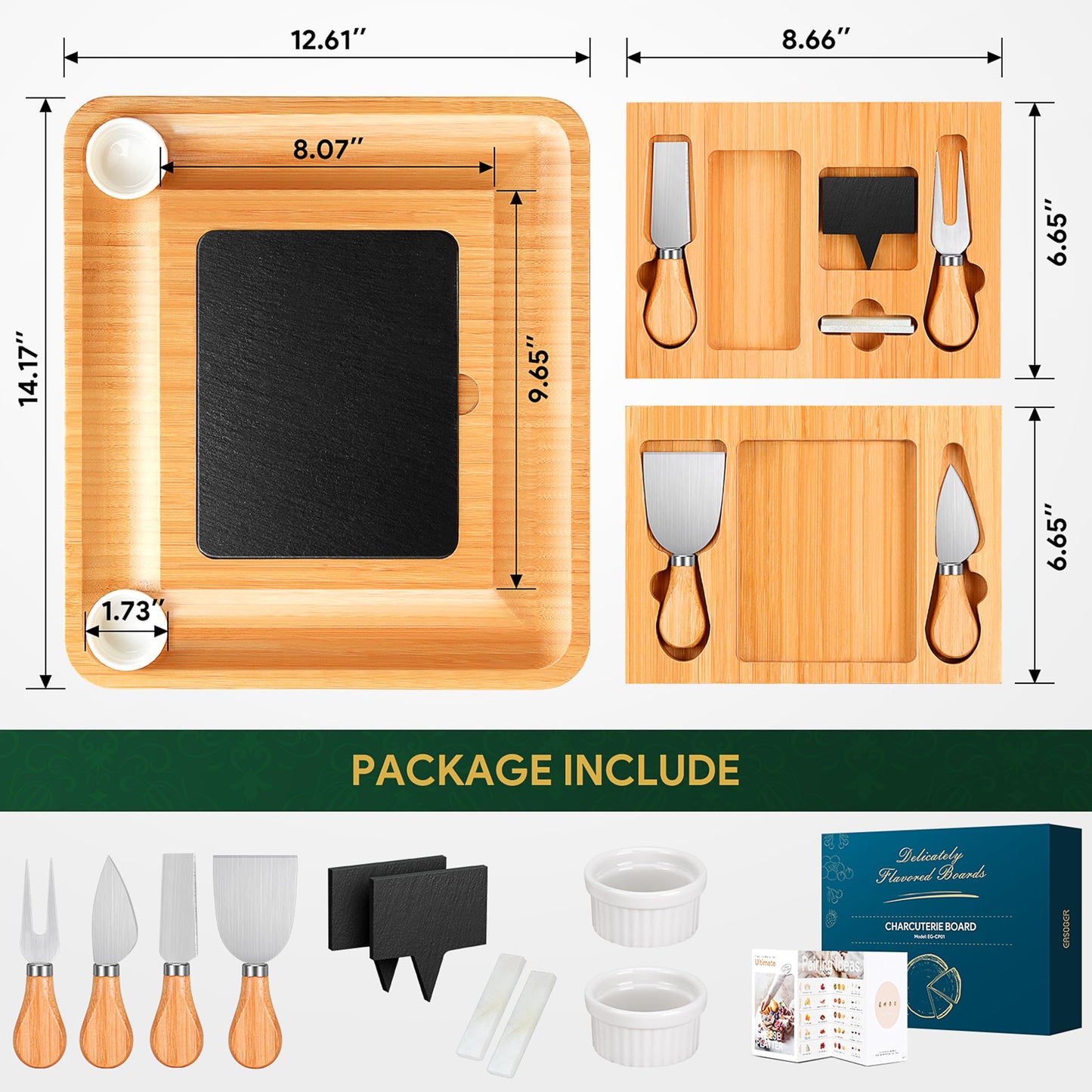 Easoger Large Bamboo Charcuterie Boards, Cheese Platter with 2 Drawers, Serving Knife, 2 Ceramic Bowl - Unique Housewarming, Wedding and Bridal Gift