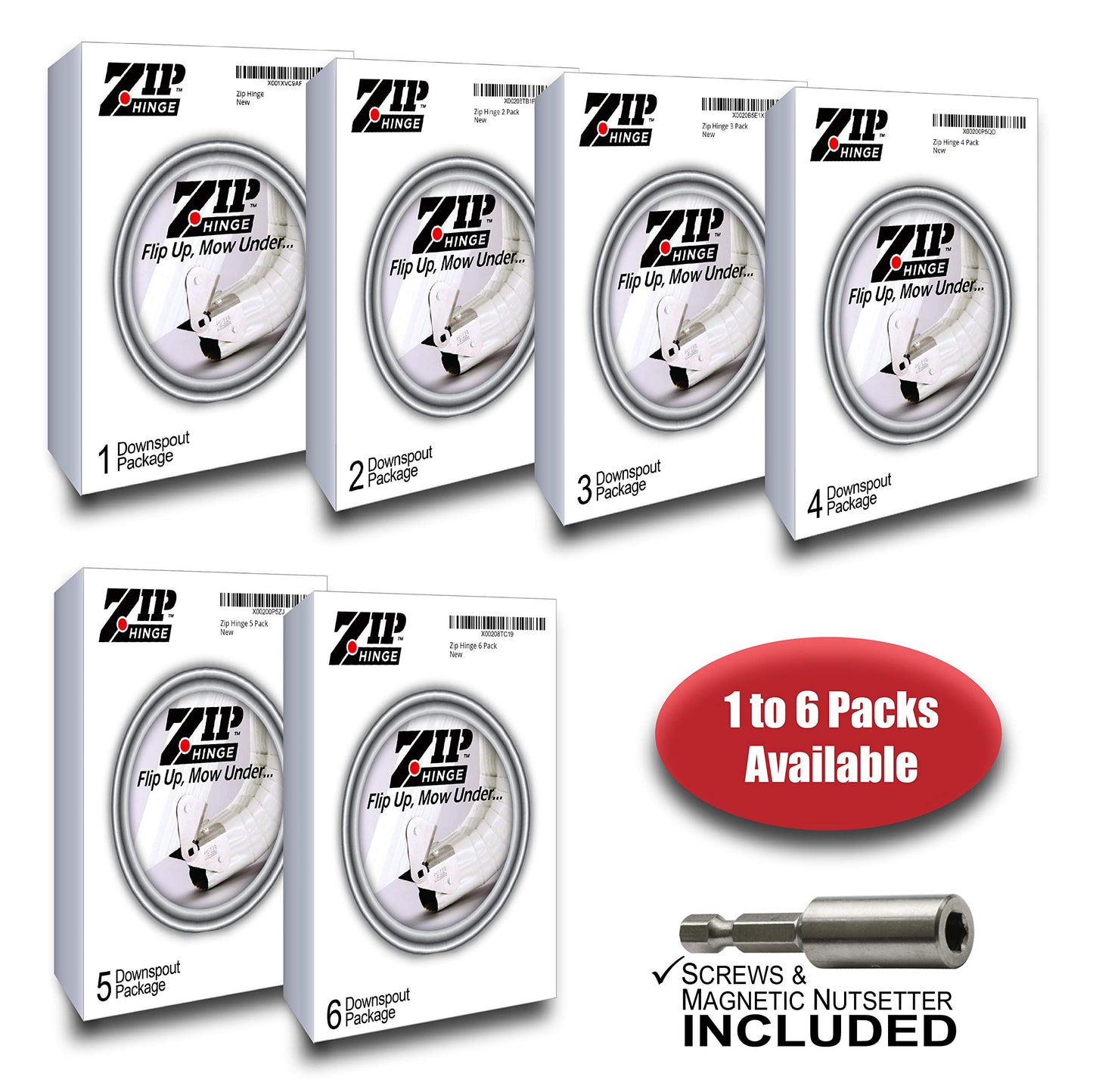Zip Hinge 5 Pack Plus | Made in The USA Downspout Hinge | Hardware, Nutsetter & Instructions | DIY Installation on All Rectangle or Square Downspouts