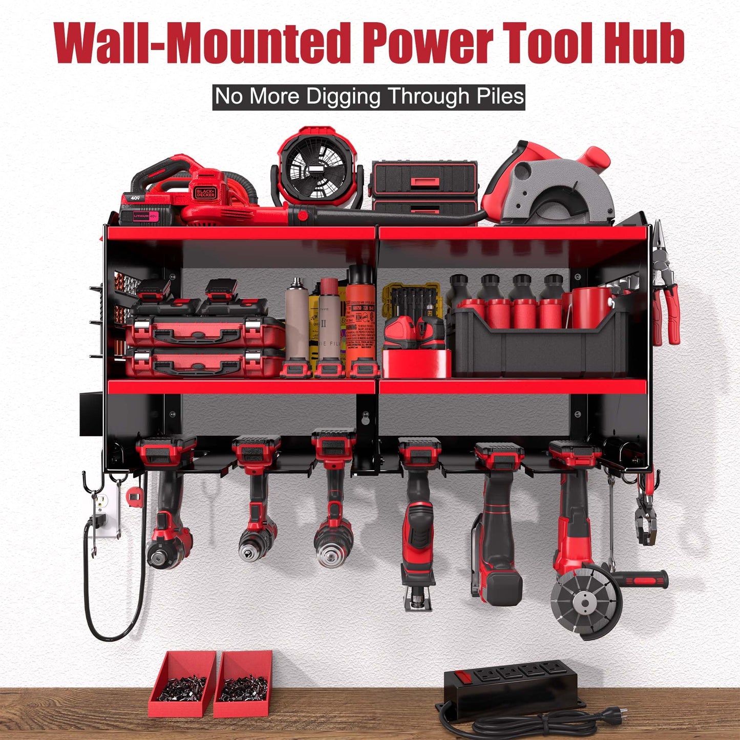 Spampur Power Tool Organizer with Charging Station, 6 Drill Holders Wall Mount, Heavy Duty Metal Premium Garage Tool Shelf, Gift for Man Cordless Tool Storage Rack with 4 Outlet Power Strip - Red