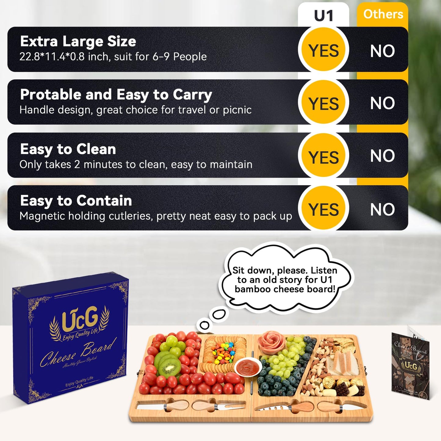 UTCG Bamboo Charcuterie Board Set - Large Folding Cheese Board with Knife Set - Unique White Elephant Gift, House Warming Gift, Wedding Gifts - 22.8 x 11.4 Inches