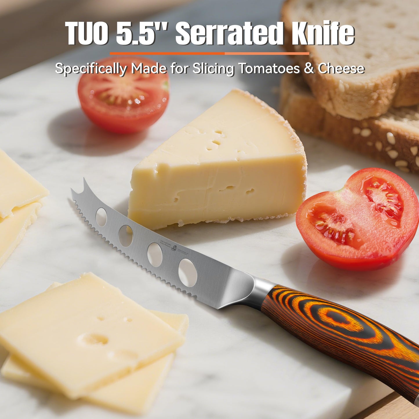TUO Cheese Knife, Tomato Knife 5.5" Serrated Blade, High Carbon German Steel, Mutil-Use Non Stick Design, Pakkawood Handle - Fiery Phoenix Series
