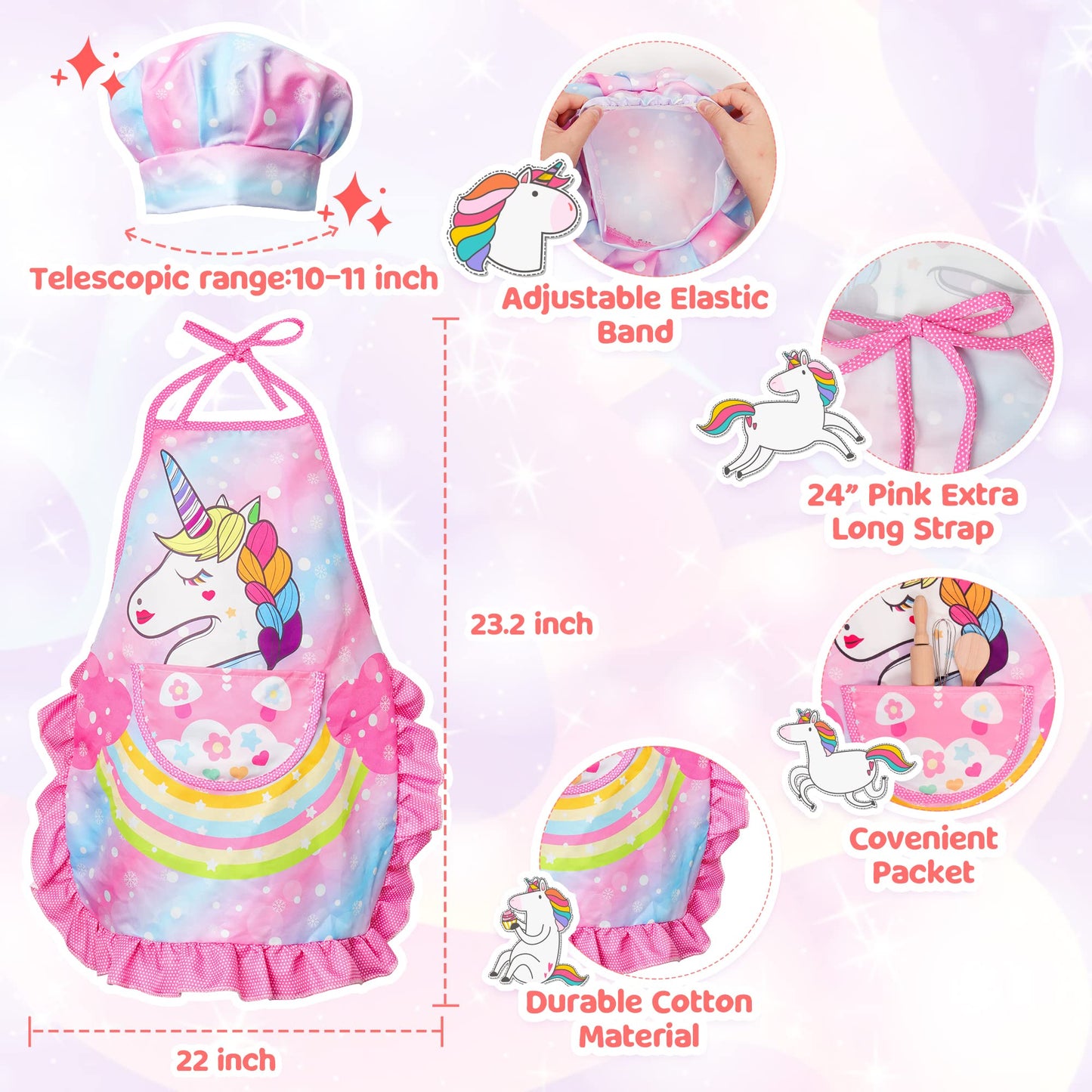 Vanmor Unicorn Kids Cooking and Baking Sets, 11Pcs Kids Aprons for Girls, Kids Chef Hat and Pink Apron, Mitt & Utensil for Toddler Dress Up Chef Costume Birthday Gifts for 3 4 5 6 7 8 Years Old Girls