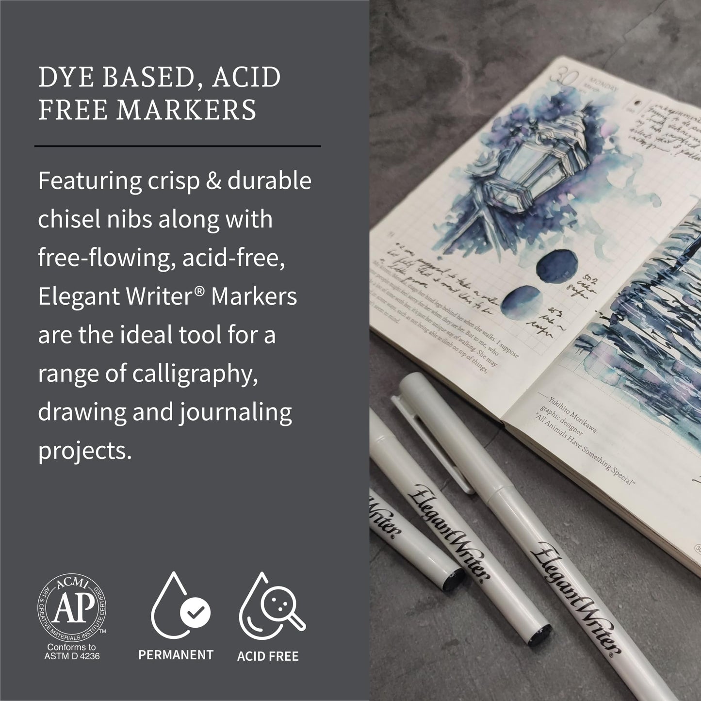 Speedball Elegant Writer Acid-Free Non-Toxic Water Based Calligraphy Marker, Chisel Tip, Assorted Size, Black, Set of 4